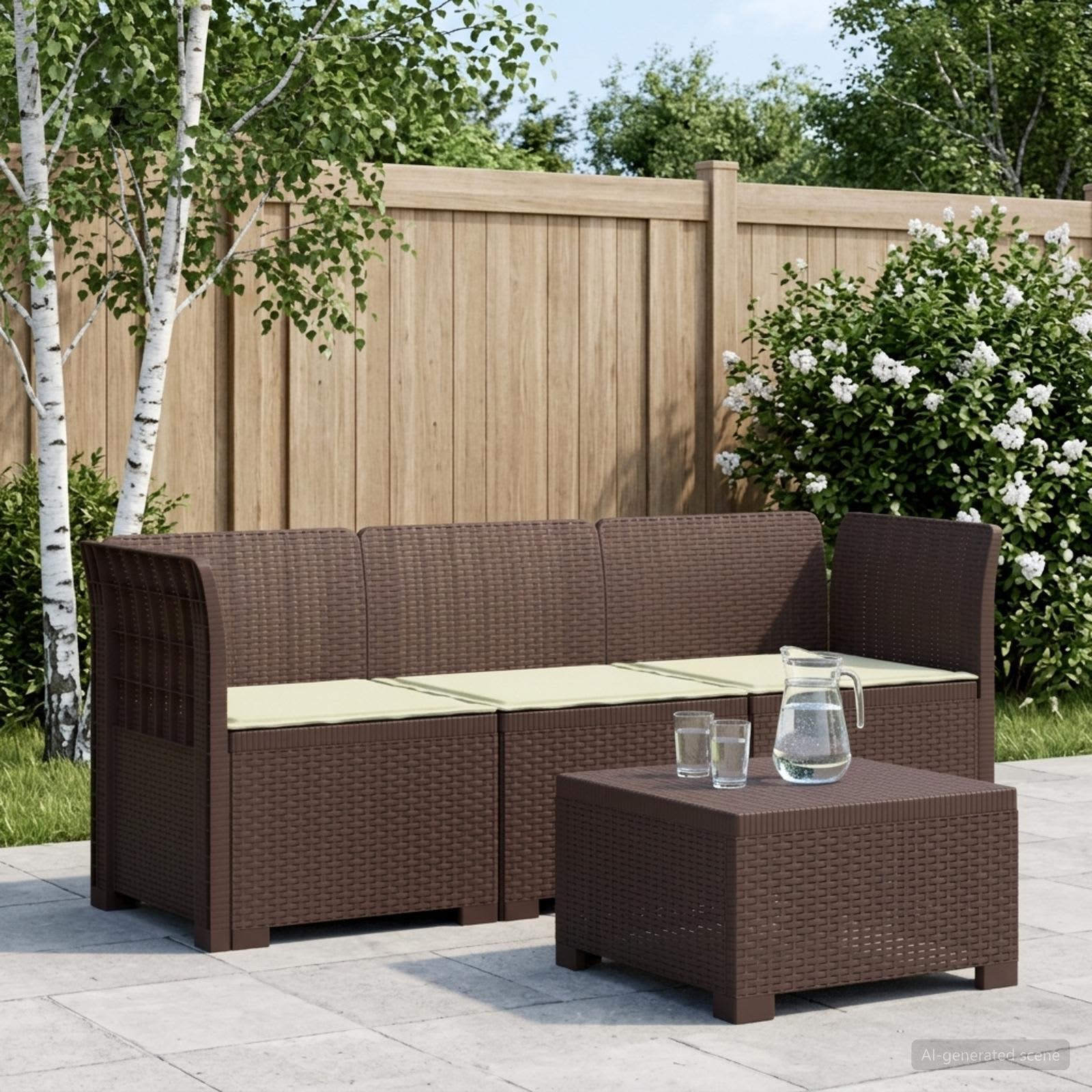 3-zits tuinbank met kussens in rattanlook PP Bruin