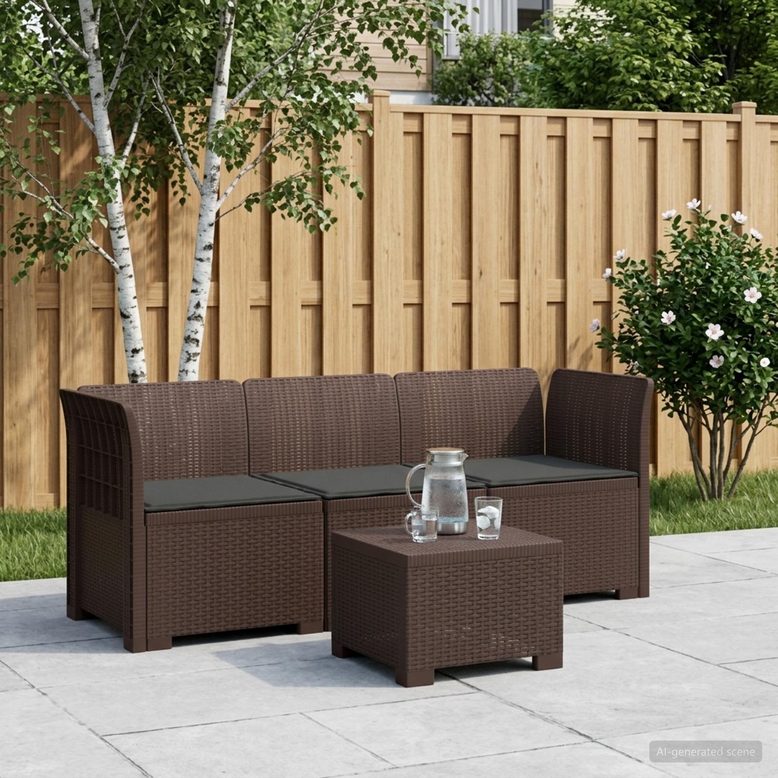 3-zits tuinbank met kussens in rattanlook PP Bruin