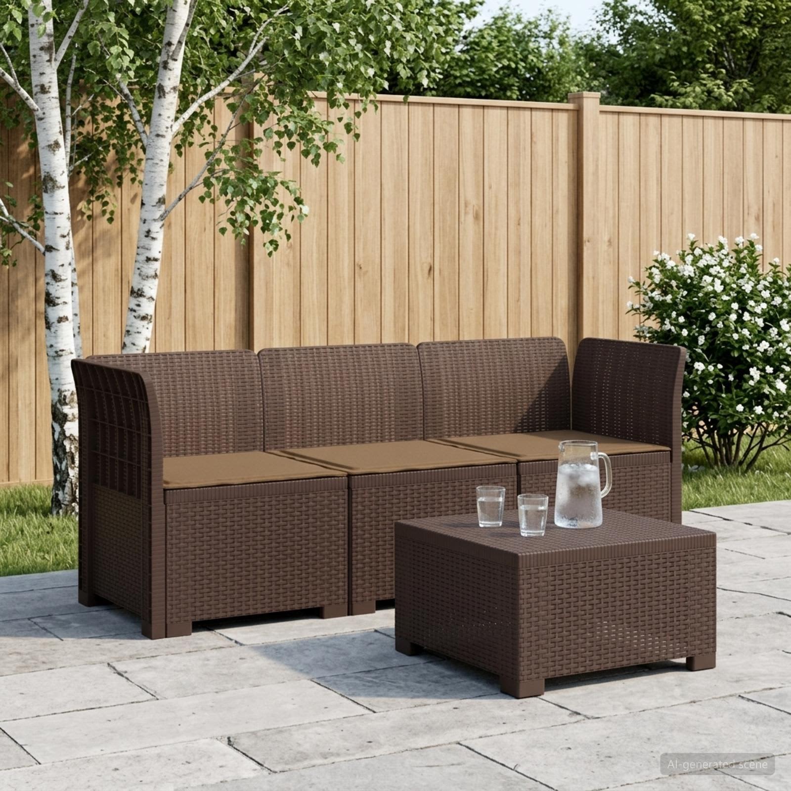 3-zits tuinbank met kussens in rattanlook PP Bruin