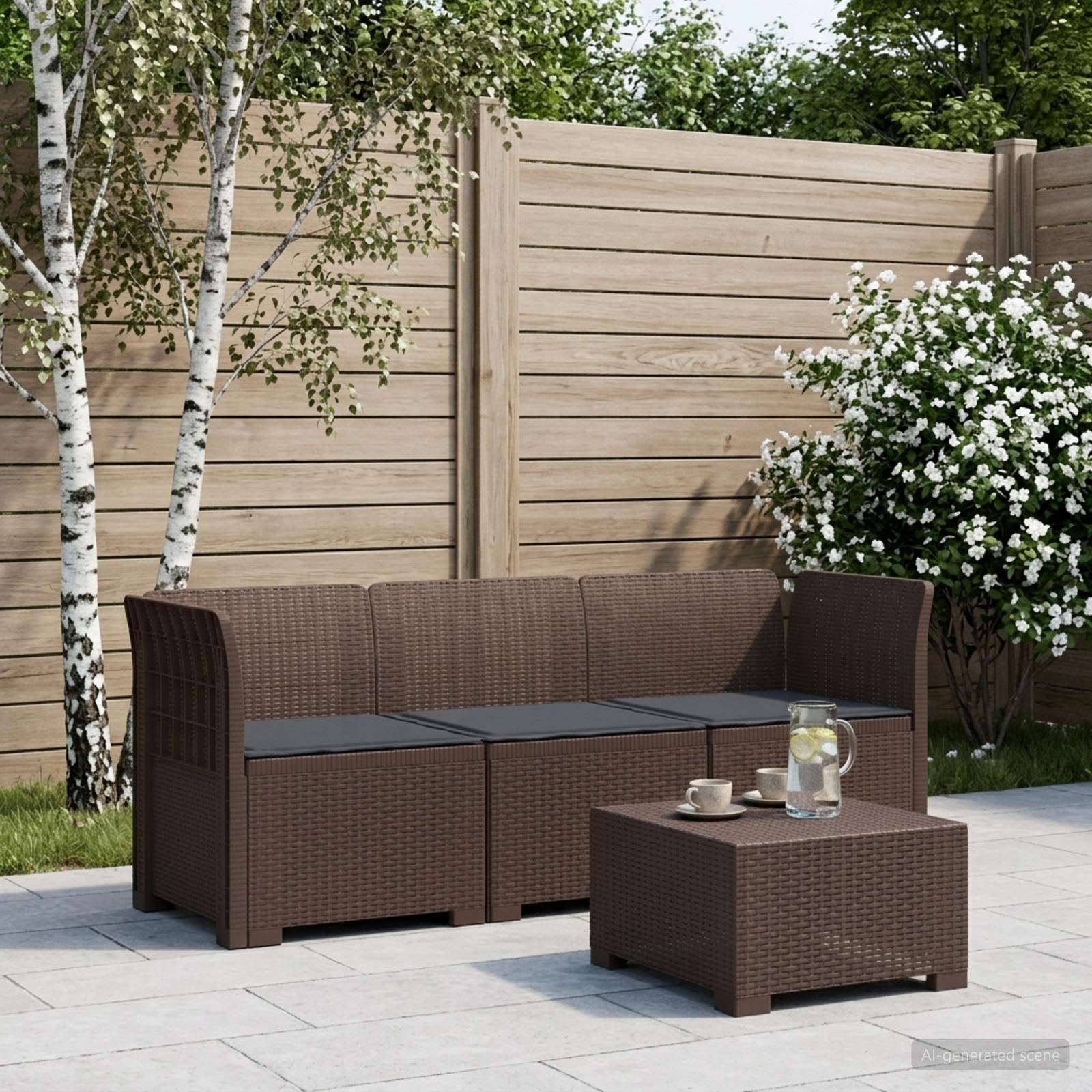 3-zits tuinbank met kussens in rattanlook PP Bruin