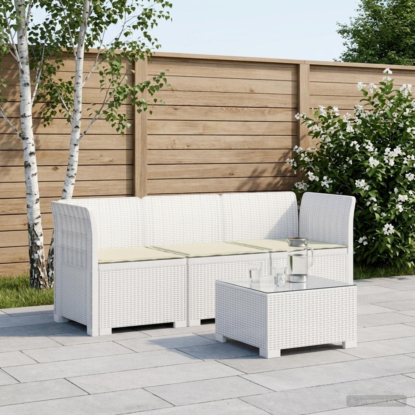 3-zits tuinbank met kussens in rattanlook PP Wit