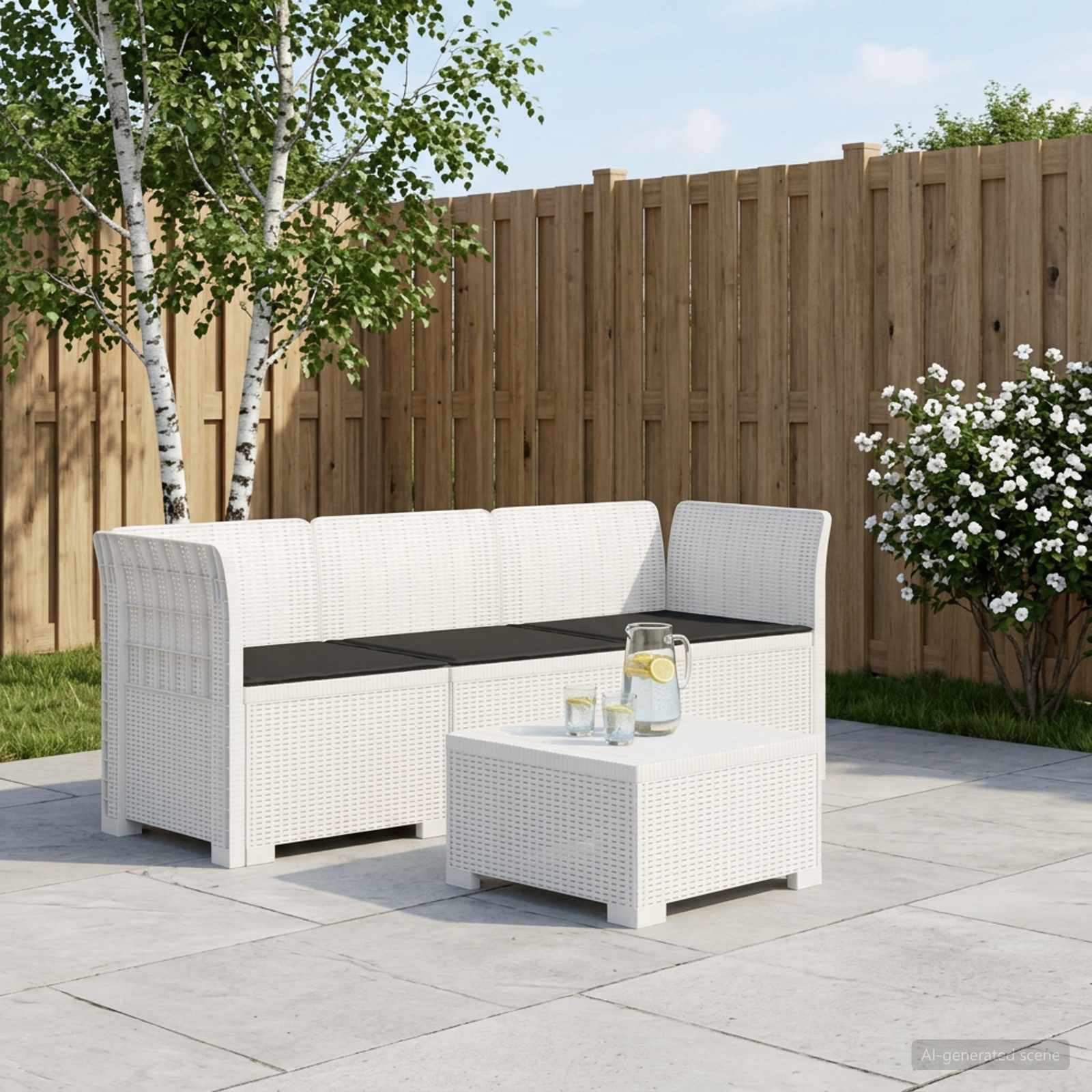 3-zits tuinbank met kussens in rattanlook PP Wit