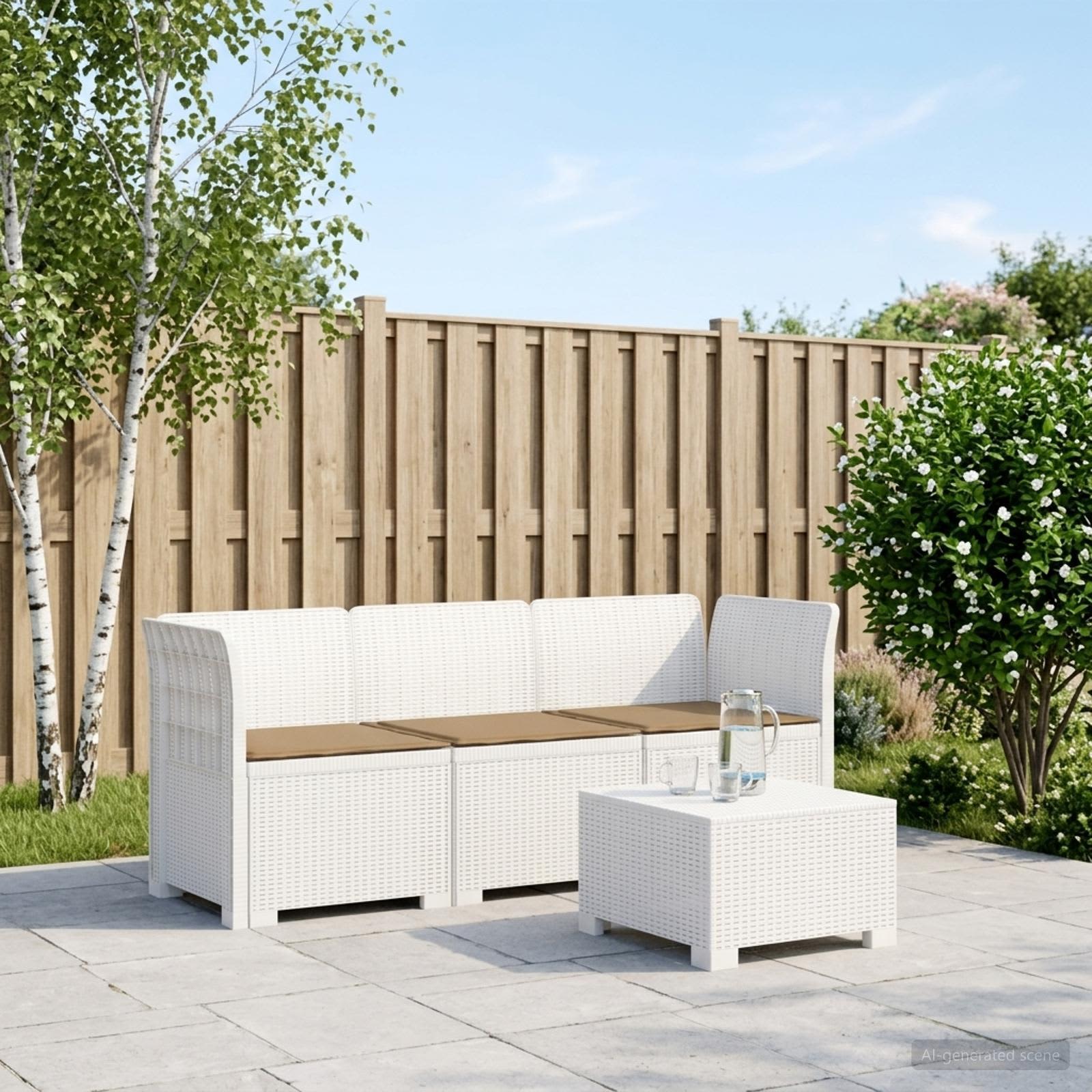 3-zits tuinbank met kussens in rattanlook PP Wit