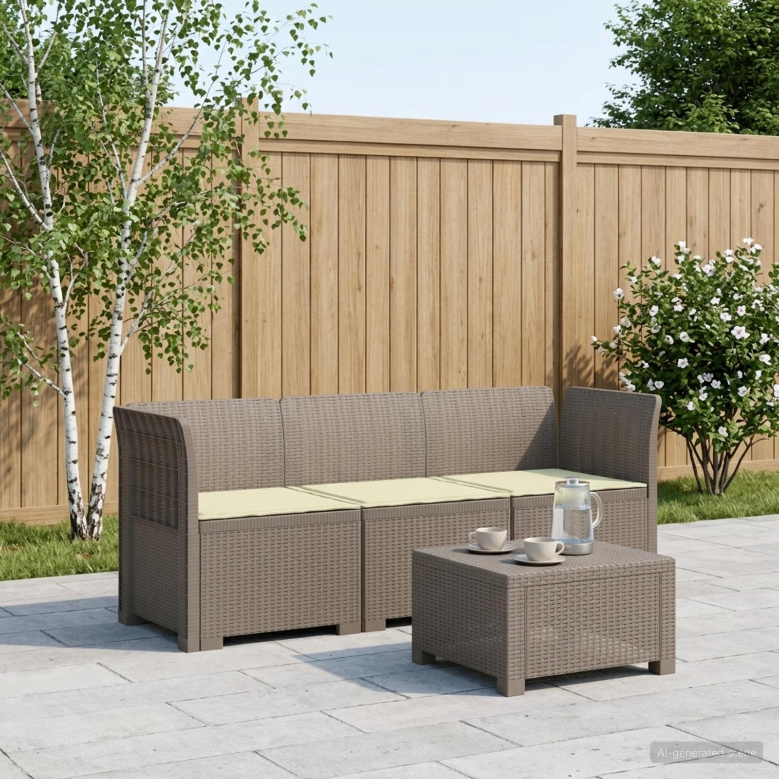 3-zits tuinbank met kussens in rattanlook PP Lichtgrijs