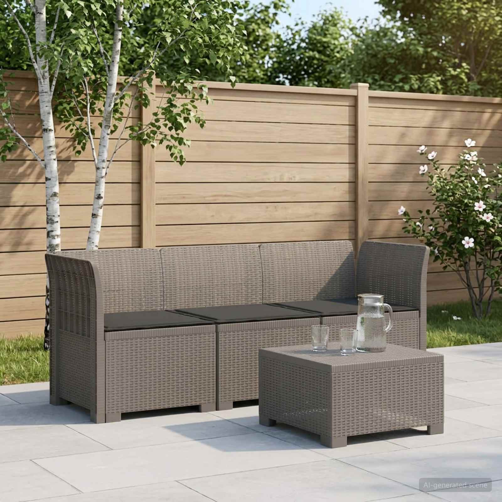 3-zits tuinbank met kussens in rattanlook PP Lichtgrijs