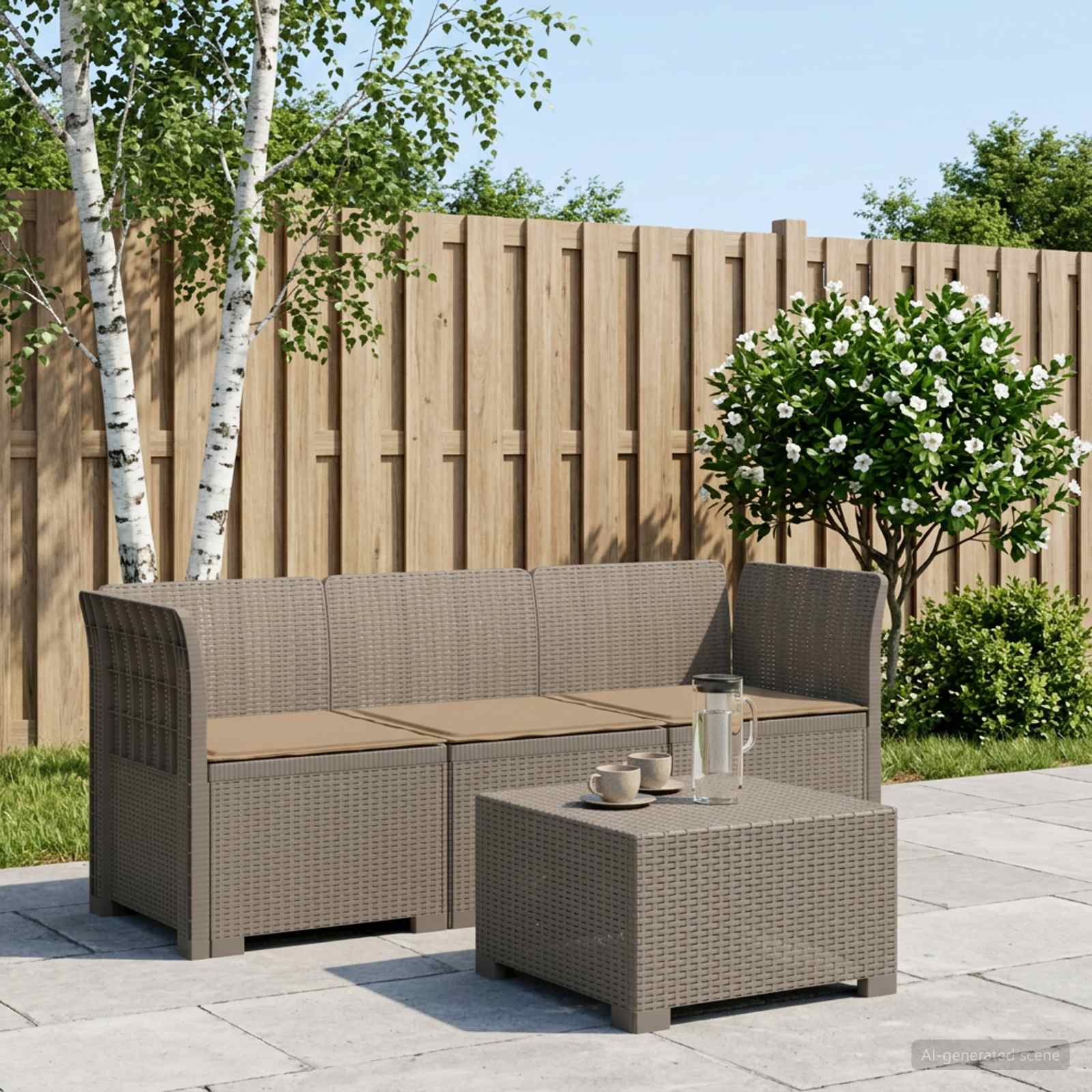 3-zits tuinbank met kussens in rattanlook PP Lichtgrijs