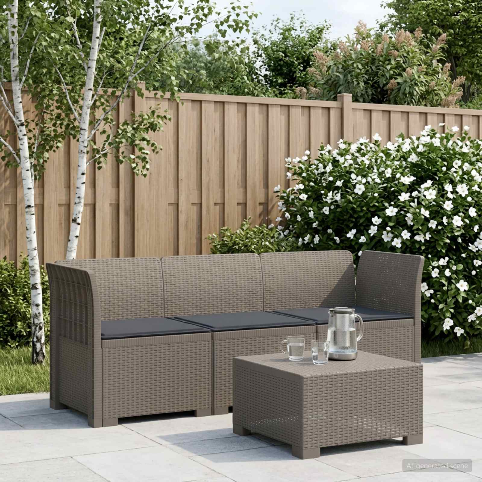 3-zits tuinbank met kussens in rattanlook PP Lichtgrijs