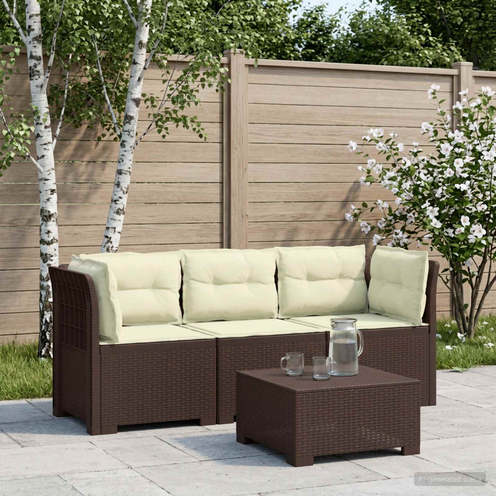 3-zits tuinbank met kussens in rattanlook PP Bruin