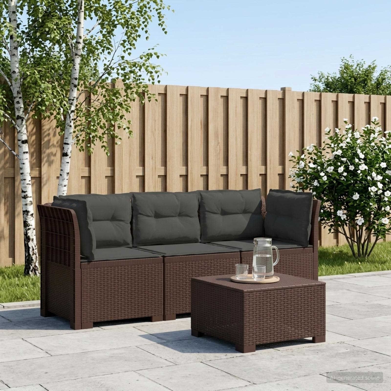 3-zits tuinbank met kussens in rattanlook PP Bruin