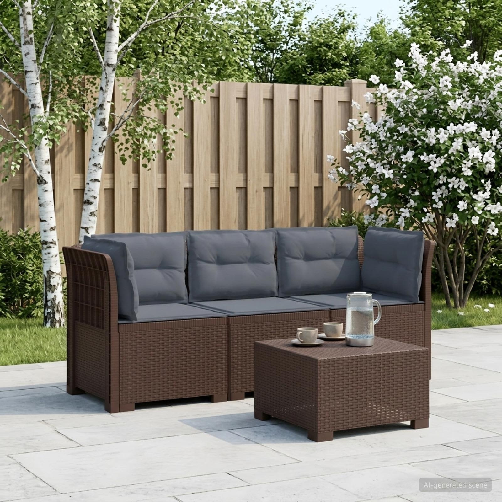 3-zits tuinbank met kussens in rattanlook PP Bruin
