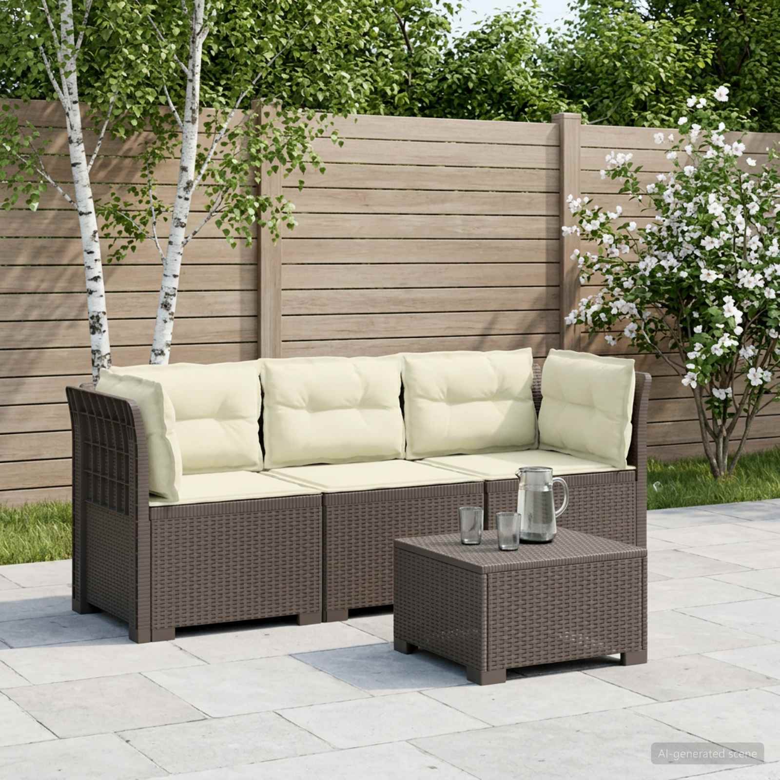 3-zits tuinbank met kussens in rattanlook PP Lichtgrijs