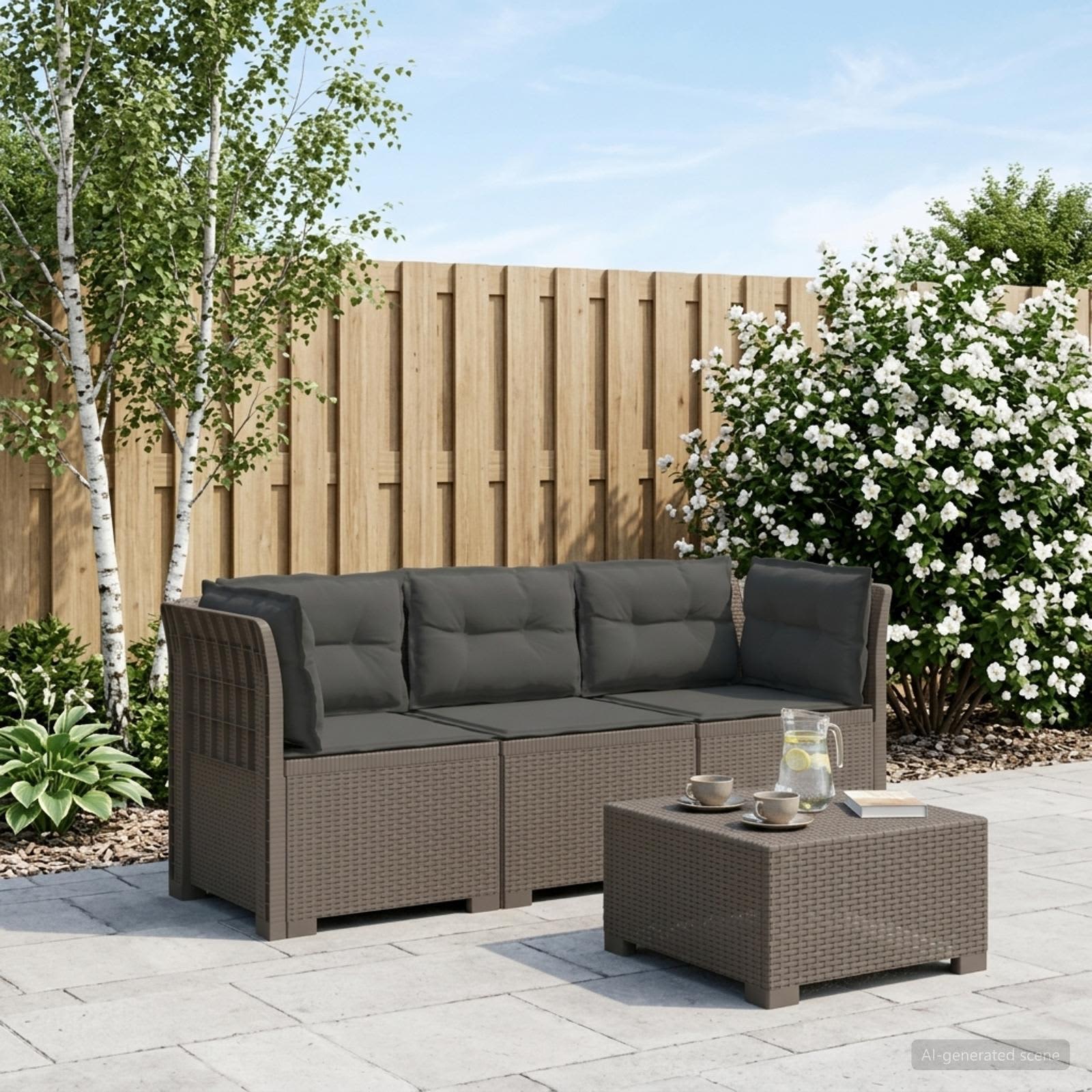 3-zits tuinbank met kussens in rattanlook PP Lichtgrijs