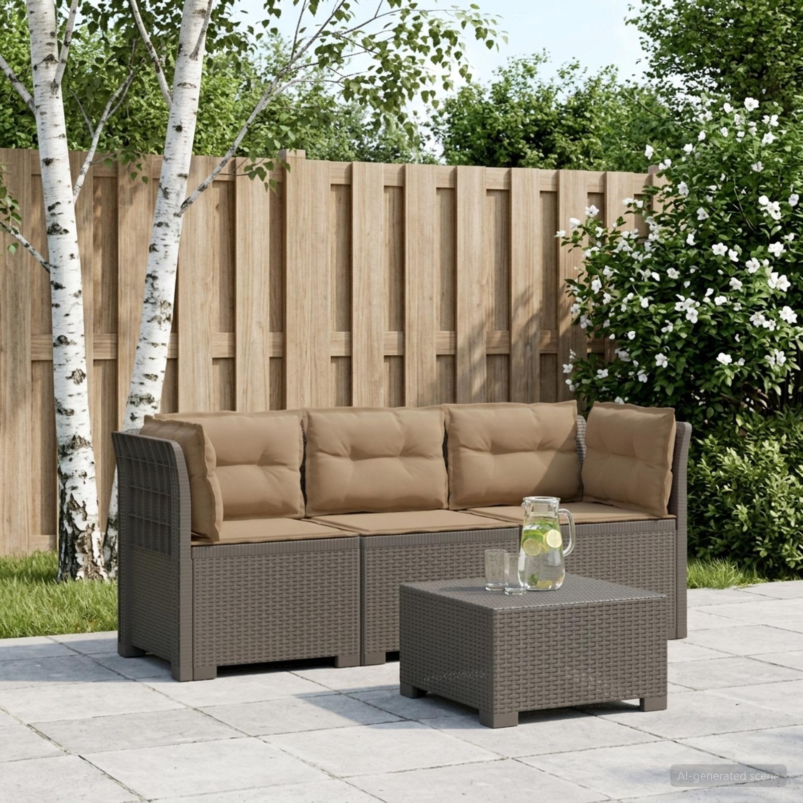 3-zits tuinbank met kussens in rattanlook PP Lichtgrijs
