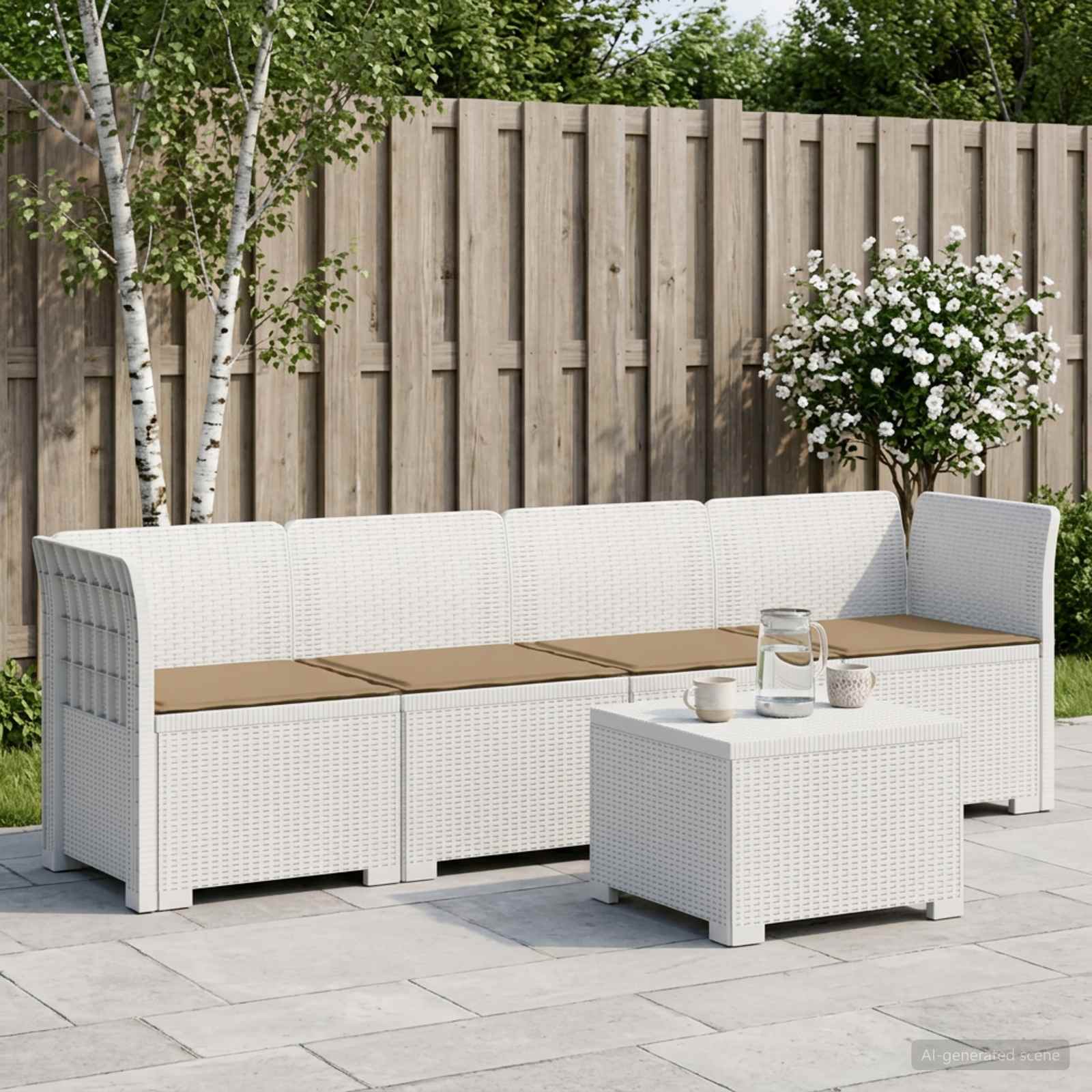4-Persoons Tuin Sofa met Kussens Rieten Look PP Wit