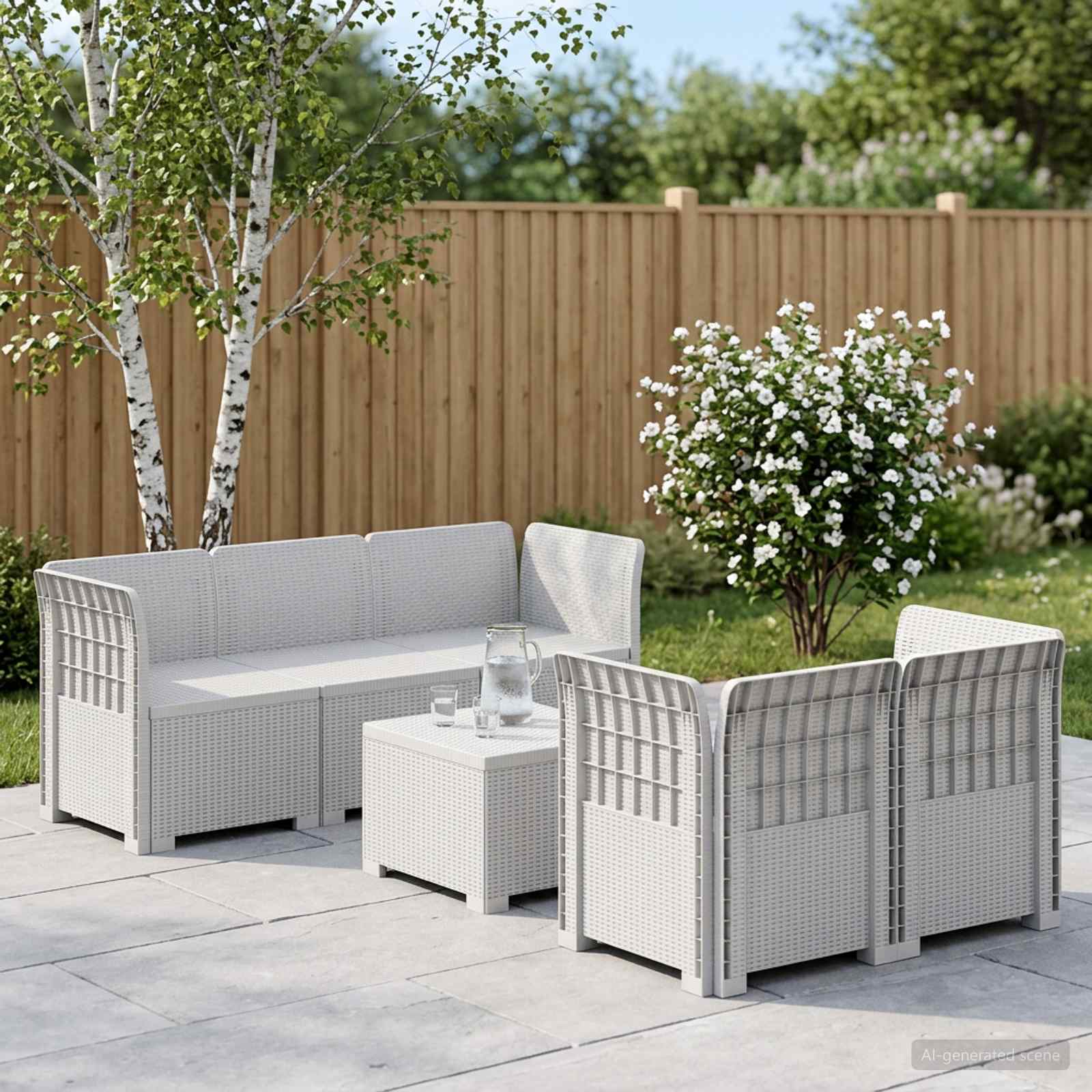 5-Zits Tuin Sofa Rattan Look PP Wit