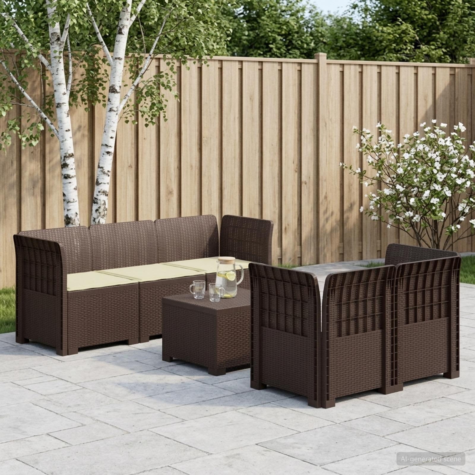 5-Zits Tuin Sofa met Kussens Rattan Look PP Bruin