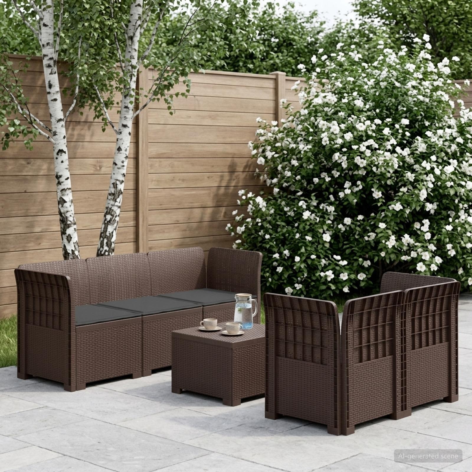 5-Zits Tuin Sofa met Kussens Rattan Look PP Bruin