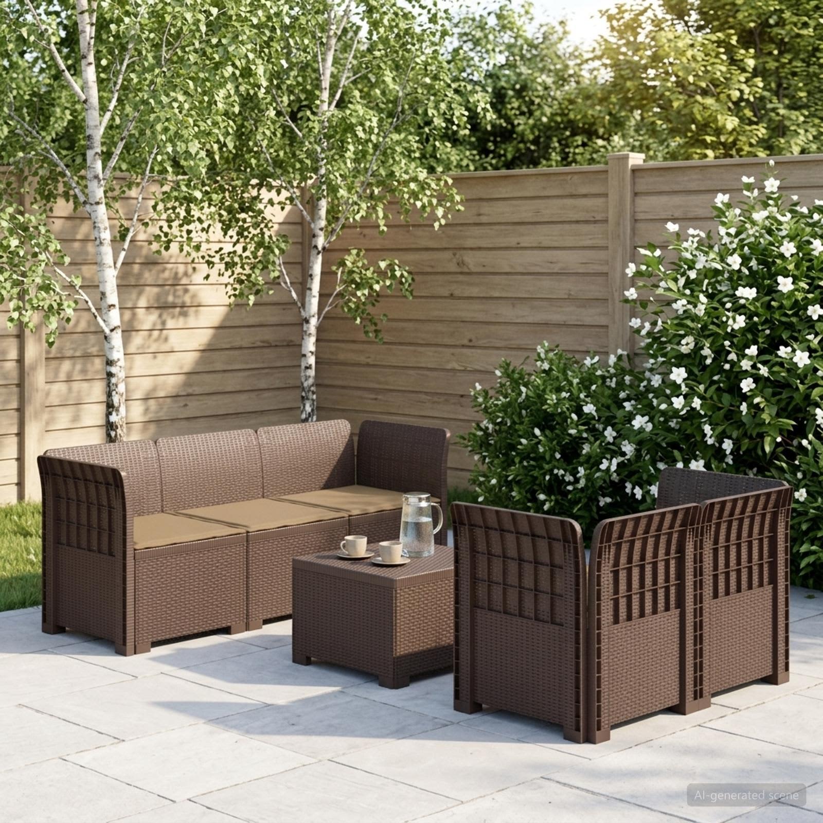 5-Zits Tuin Sofa met Kussens Rattan Look PP Bruin