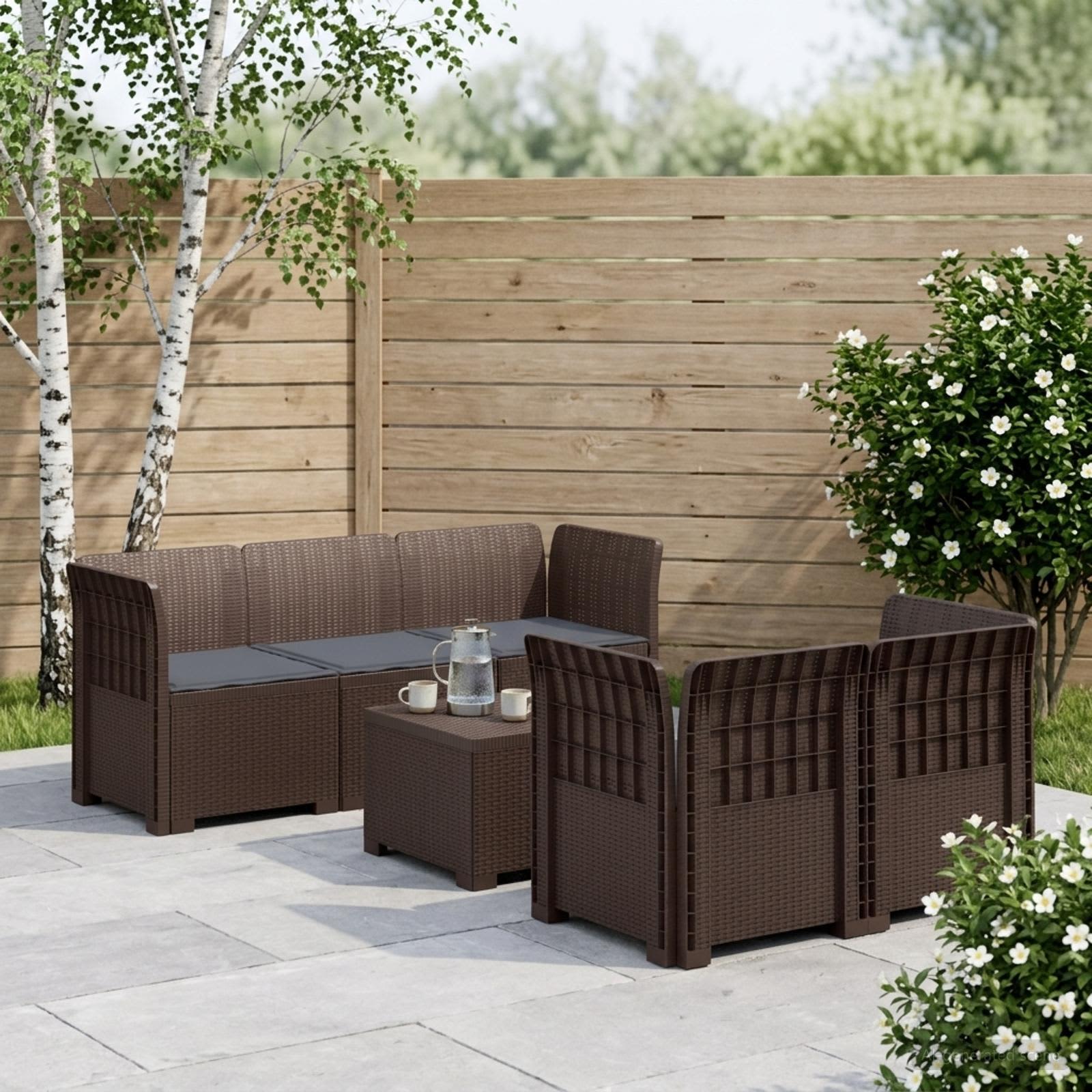 5-Zits Tuin Sofa met Kussens Rattan Look PP Bruin