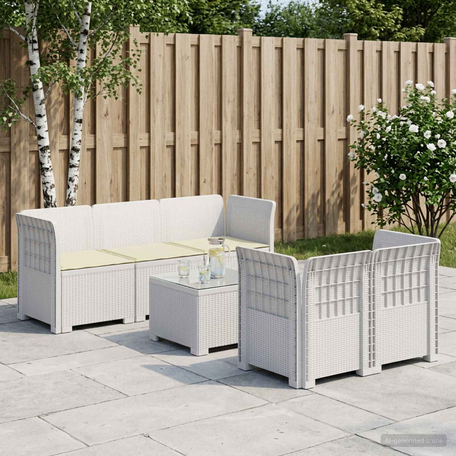 5-Zits Tuin Sofa met Kussens Rattan Look PP Wit