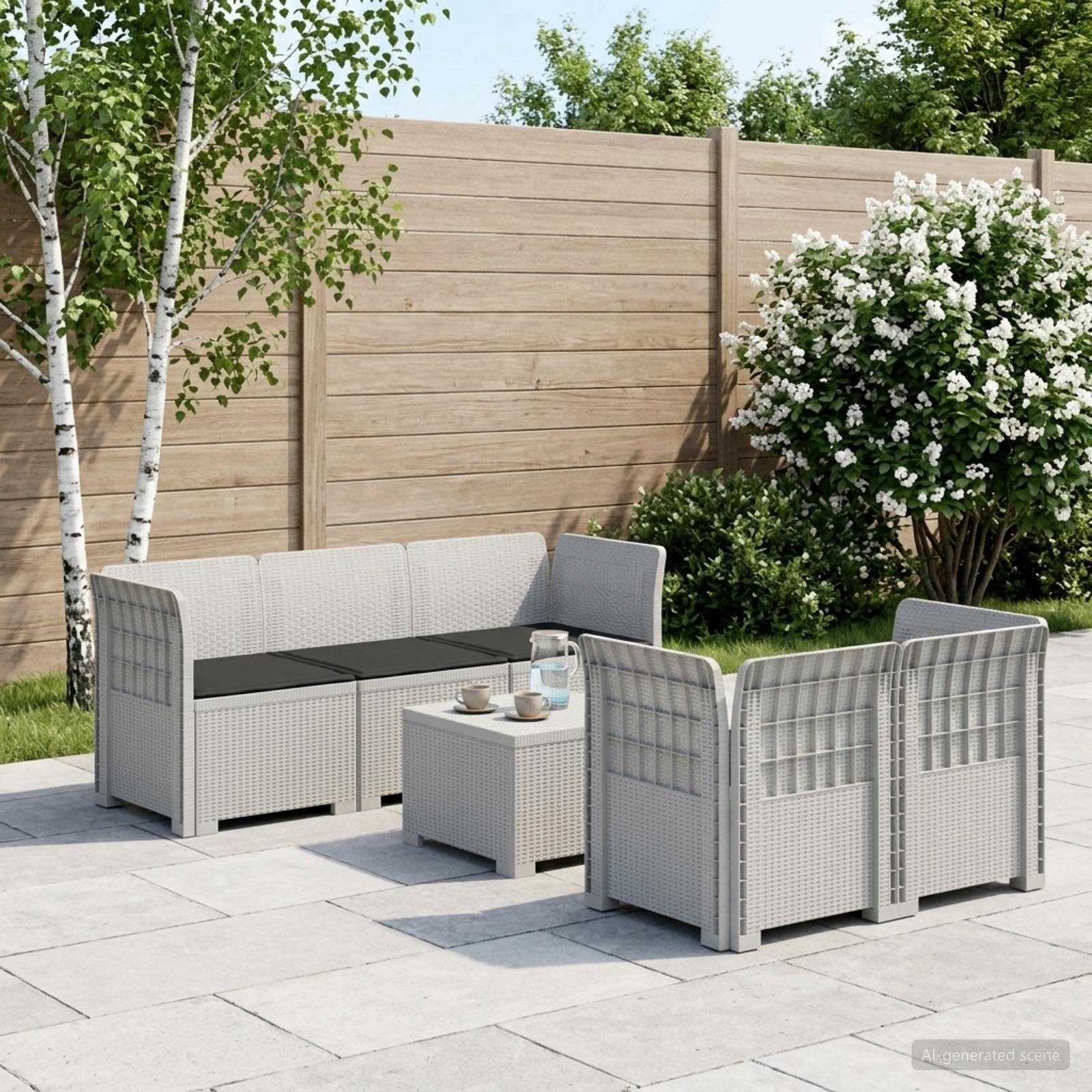 5-Zits Tuin Sofa met Kussens Rattan Look PP Wit