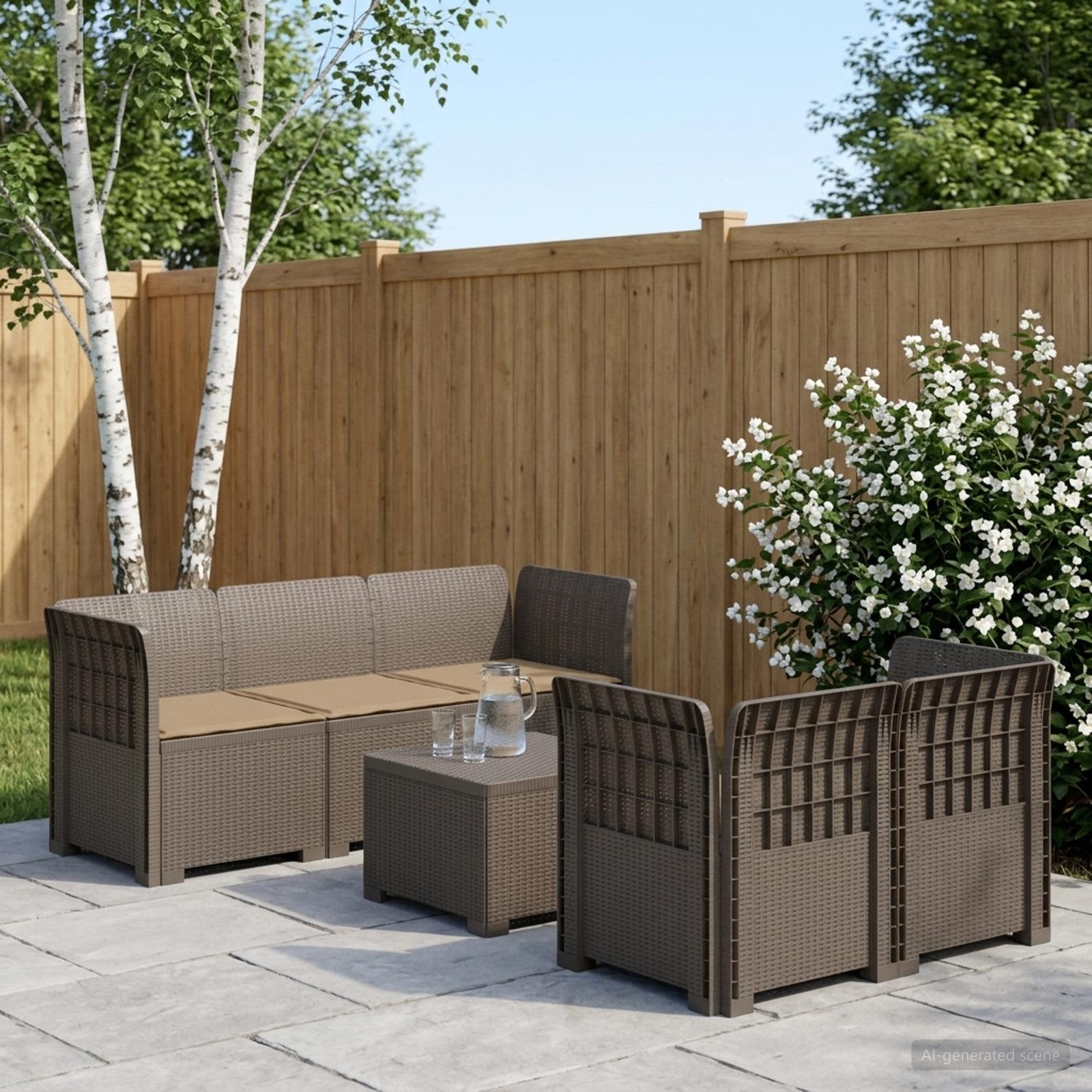 5-Zits Tuin Sofa met Kussens Rattan Look PP Lichtgrijs