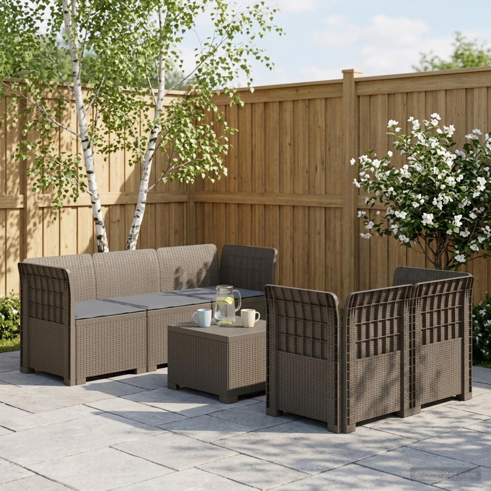 5-Zits Tuin Sofa met Kussens Rattan Look PP Lichtgrijs