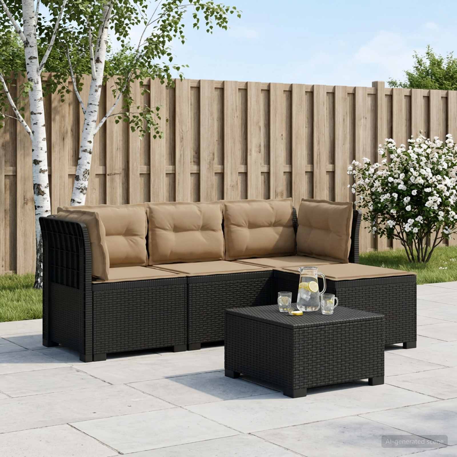 4-Persoons Tuinbank met Kussens Rieten Look PP Antraciet – afbeelding 1