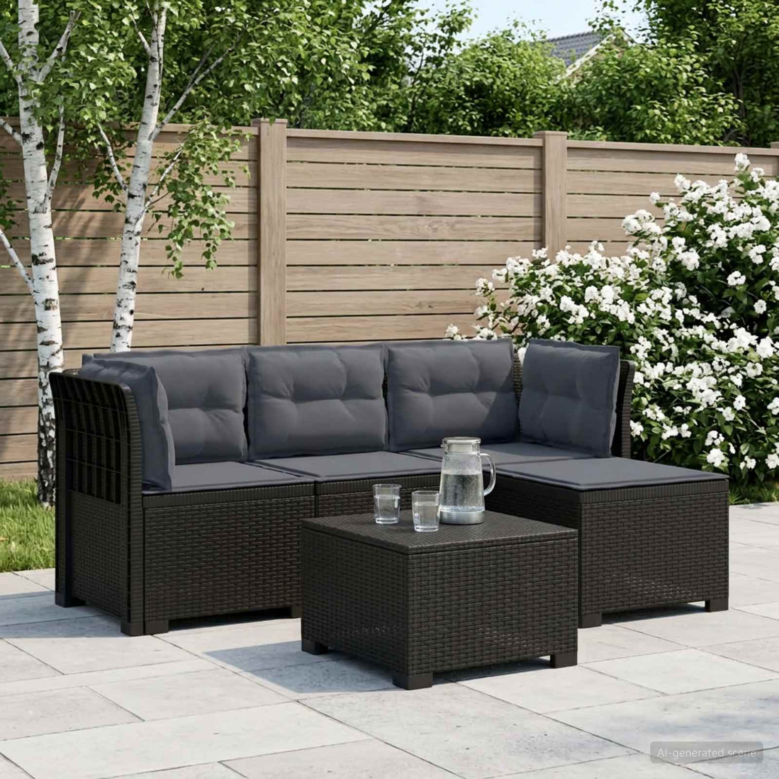 4-Persoons Tuinbank met Kussens Rieten Look PP Antraciet – afbeelding 1