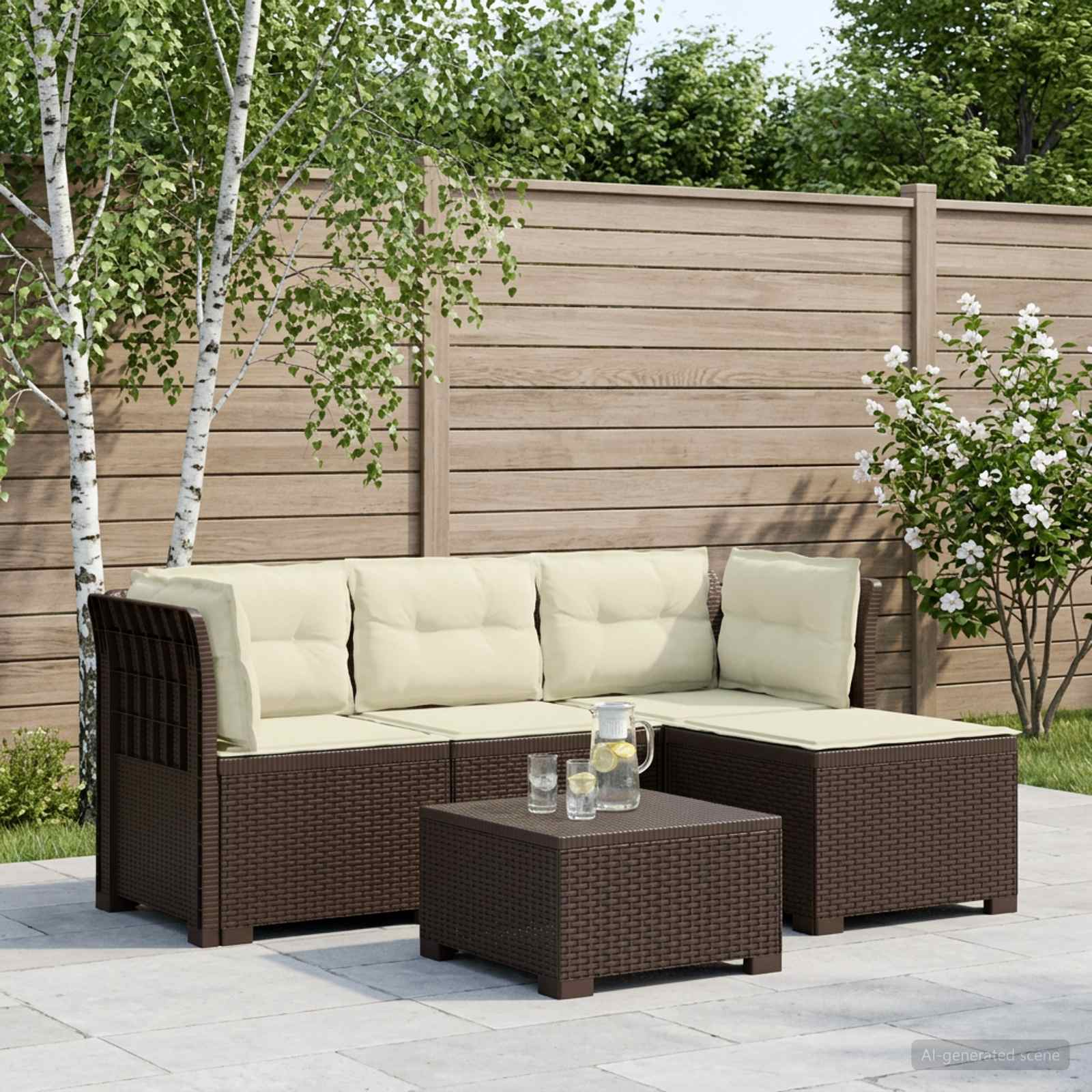 4-Persoons Tuinbank met Kussens Rieten Look PP Bruin – afbeelding 1