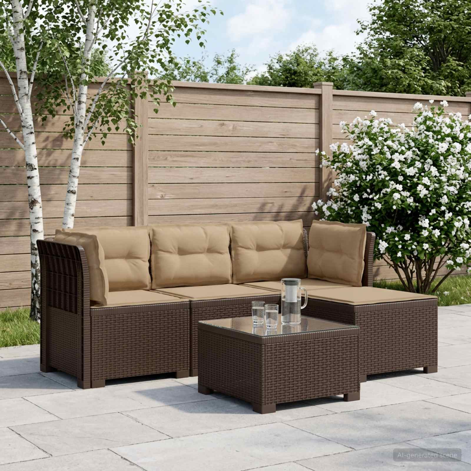 4-Persoons Tuinbank met Kussens Rieten Look PP Bruin