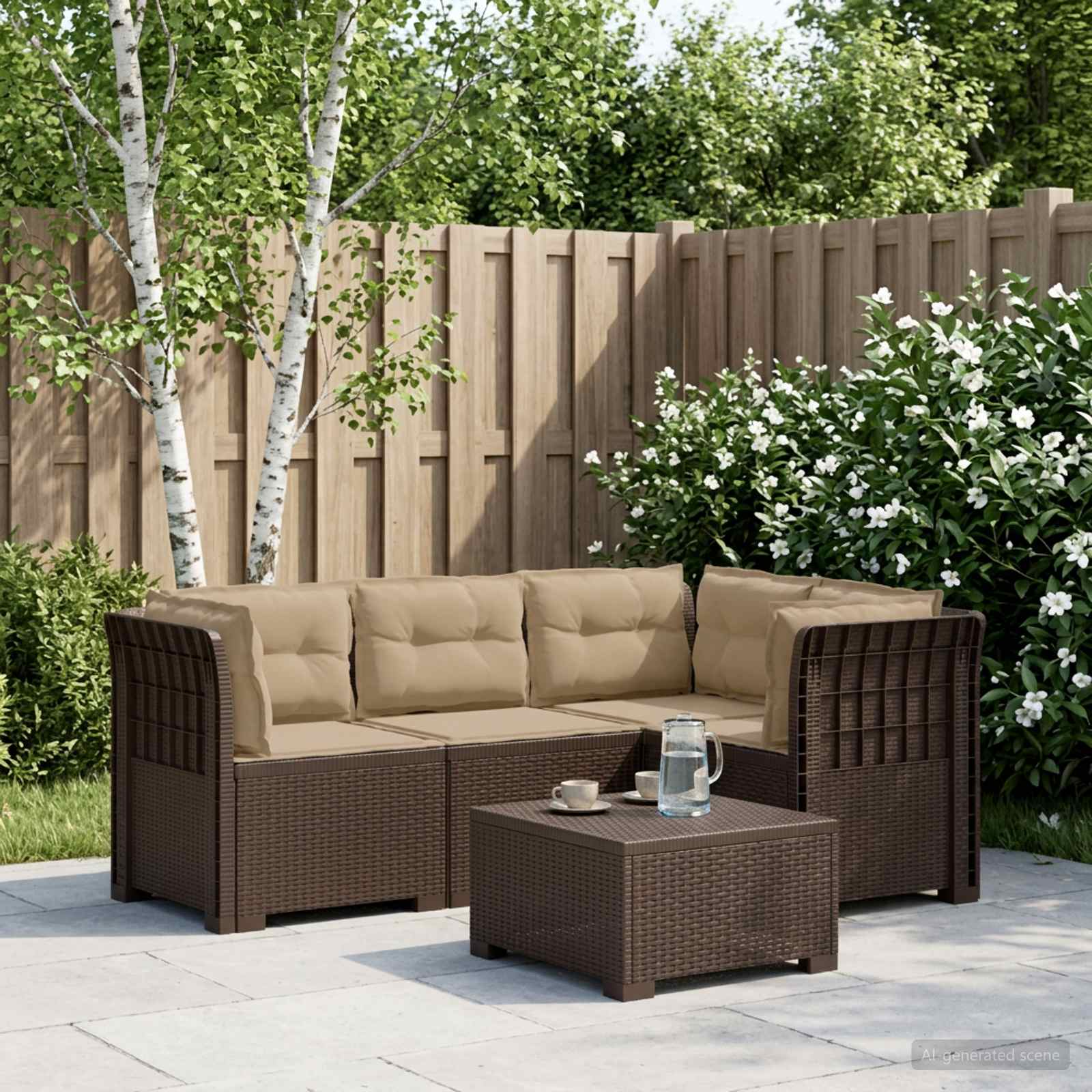 4-Zits Tuin Sofa met Kussens Rattan Look PP Bruin