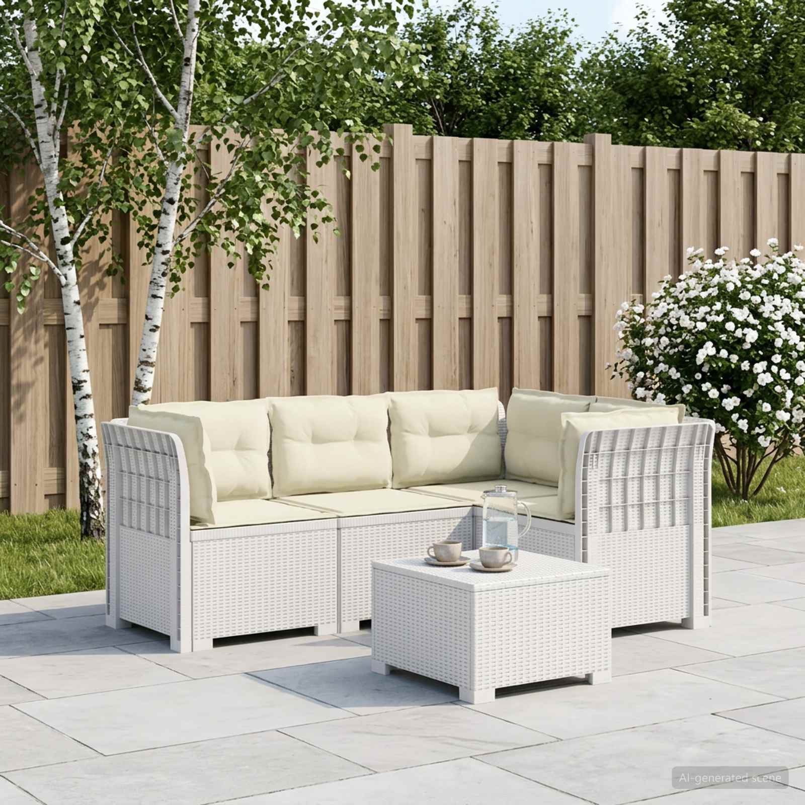 4-Zits Tuin Sofa met Kussens Rattan Look PP Wit
