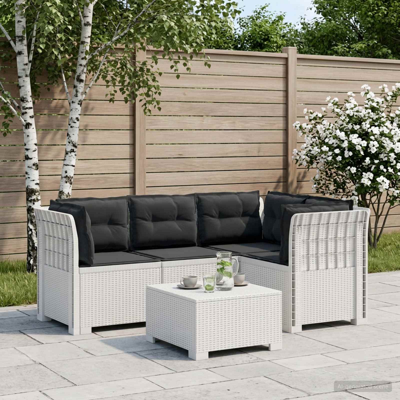 4-Zits Tuin Sofa met Kussens Rattan Look PP Wit