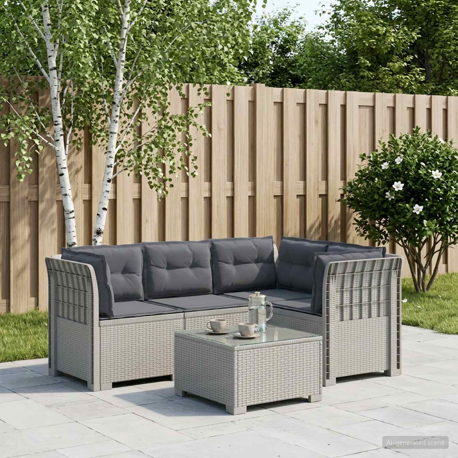 4-Zits Tuin Sofa met Kussens Rattan Look PP Wit