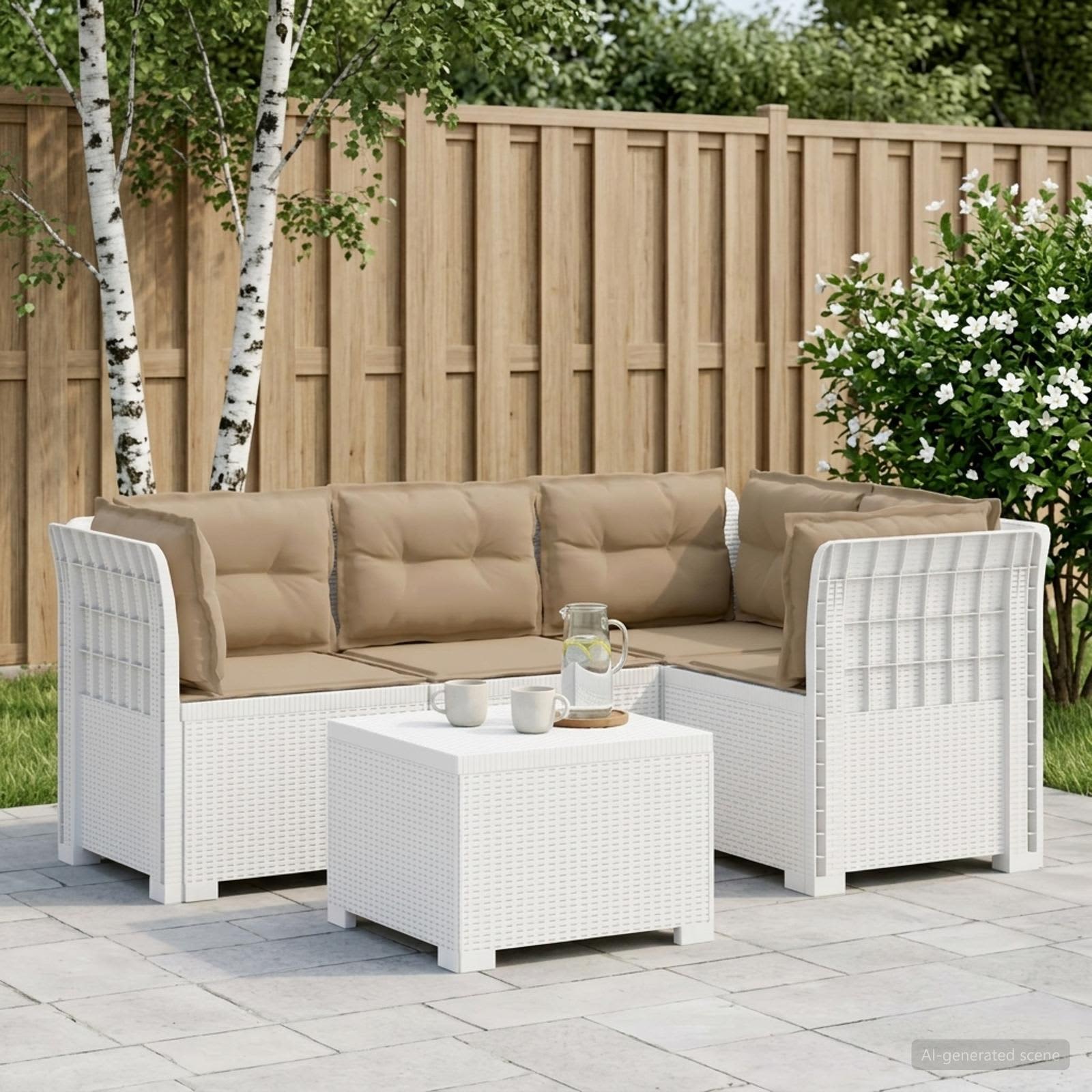 4-Persoons Tuinbank met Kussens Rieten Look PP Wit