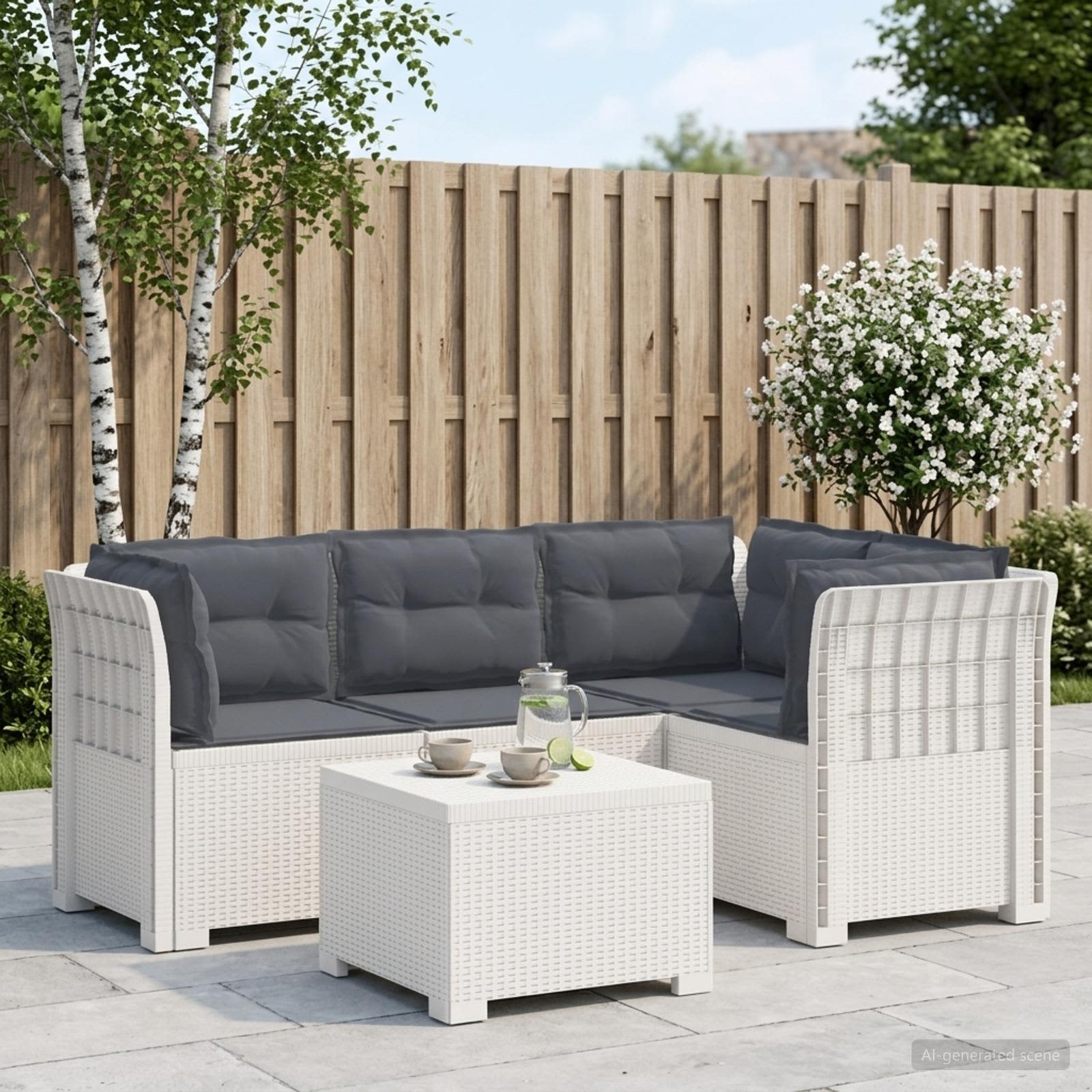 4-Persoons Tuinbank met Kussens Rieten Look PP Wit