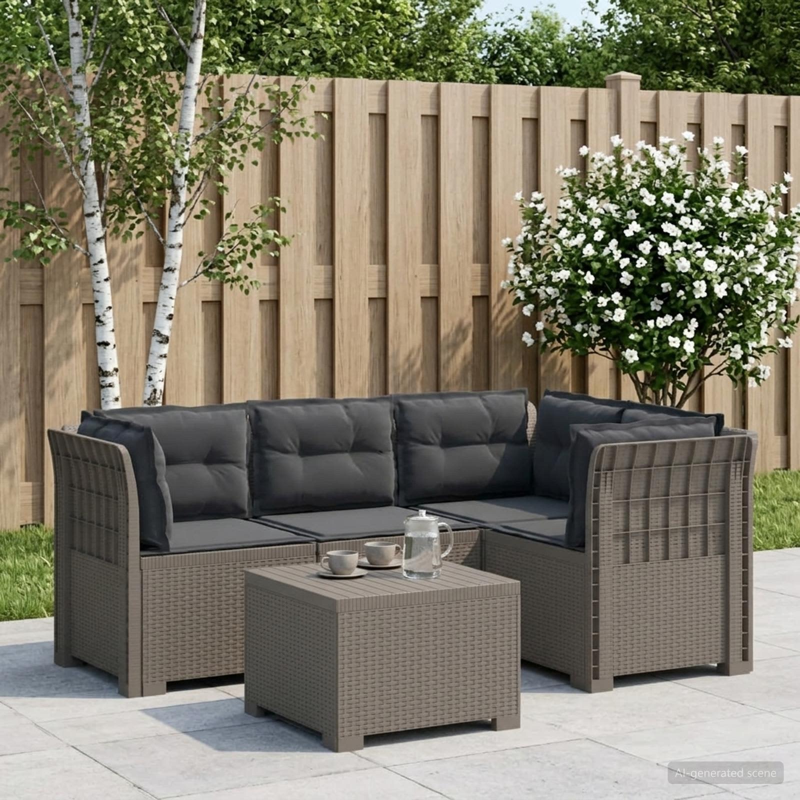 4-Persoons Tuinbank met Kussens Rieten Look PP Lichtgrijs