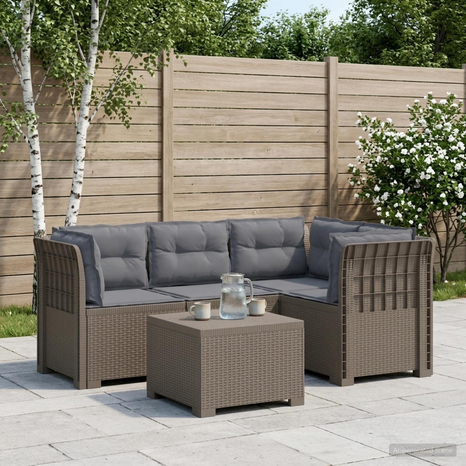 4-Persoons Tuinbank met Kussens Rieten Look PP Lichtgrijs