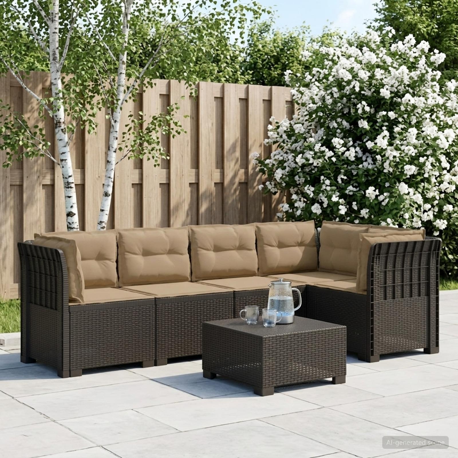 5-Zits Tuin Sofa met Kussens Rattan Look PP Lichtgrijs