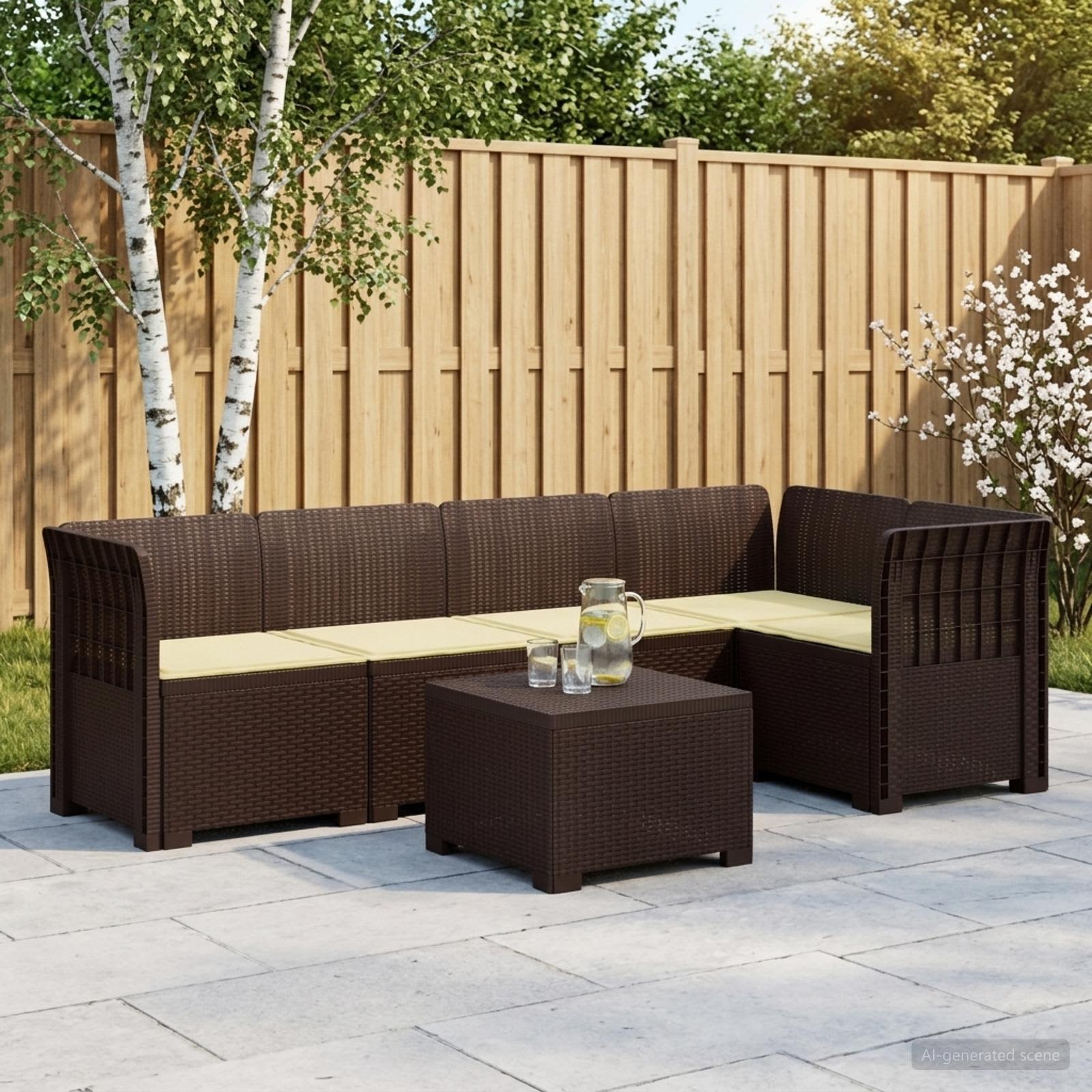 5-Zits Tuin Sofa met Kussens Rattan Look PP Bruin