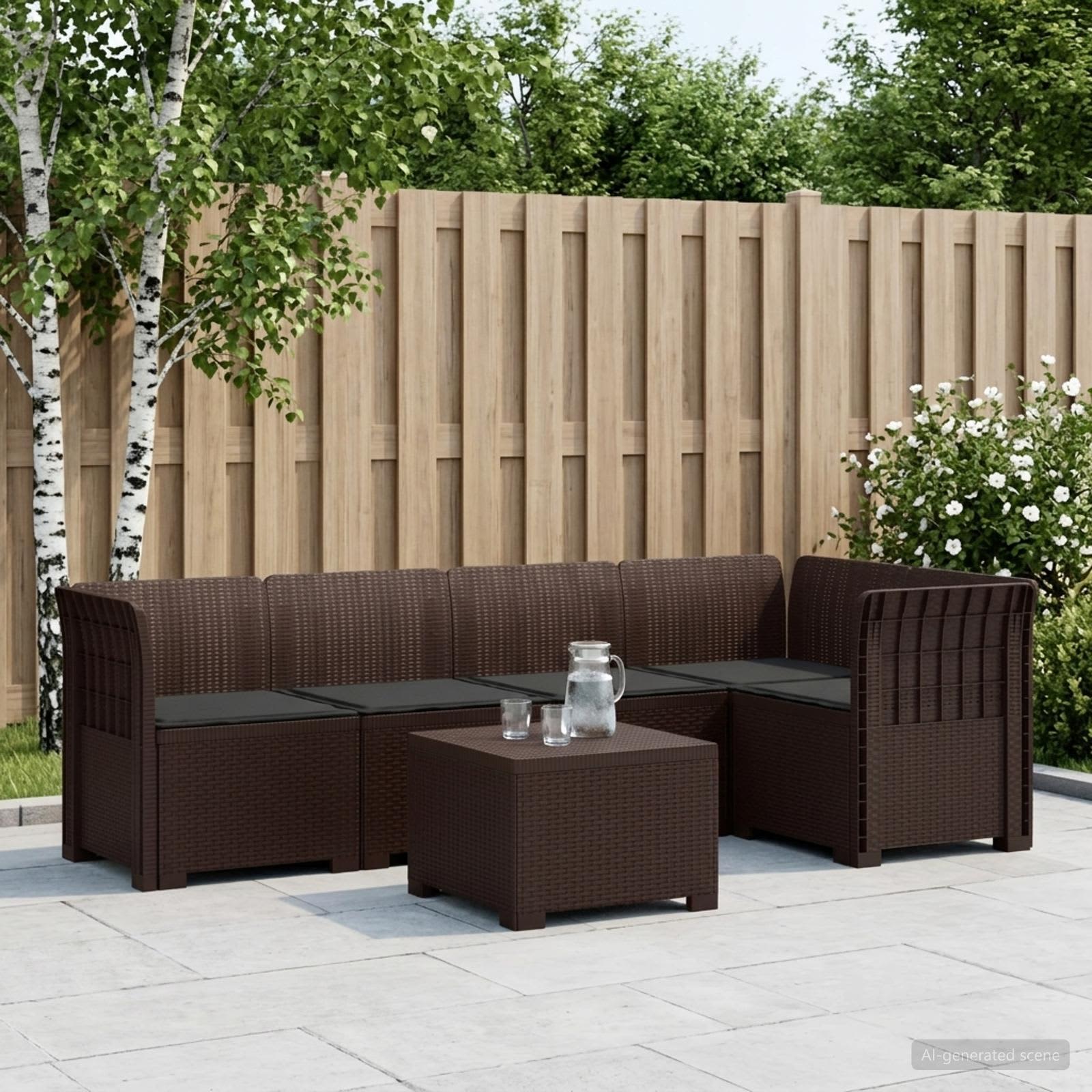 5-Zits Tuin Sofa met Kussens Rattan Look PP Bruin