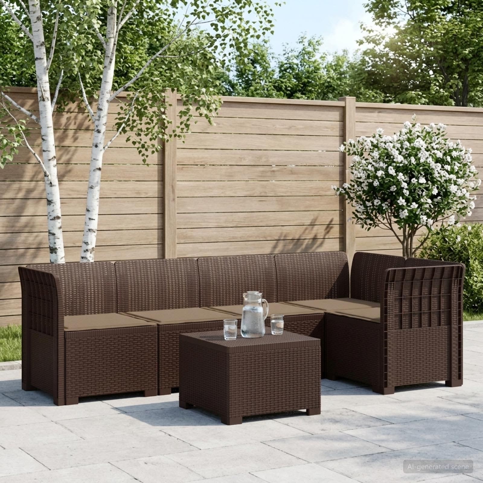 5-Zits Tuin Sofa met Kussens Rattan Look PP Bruin