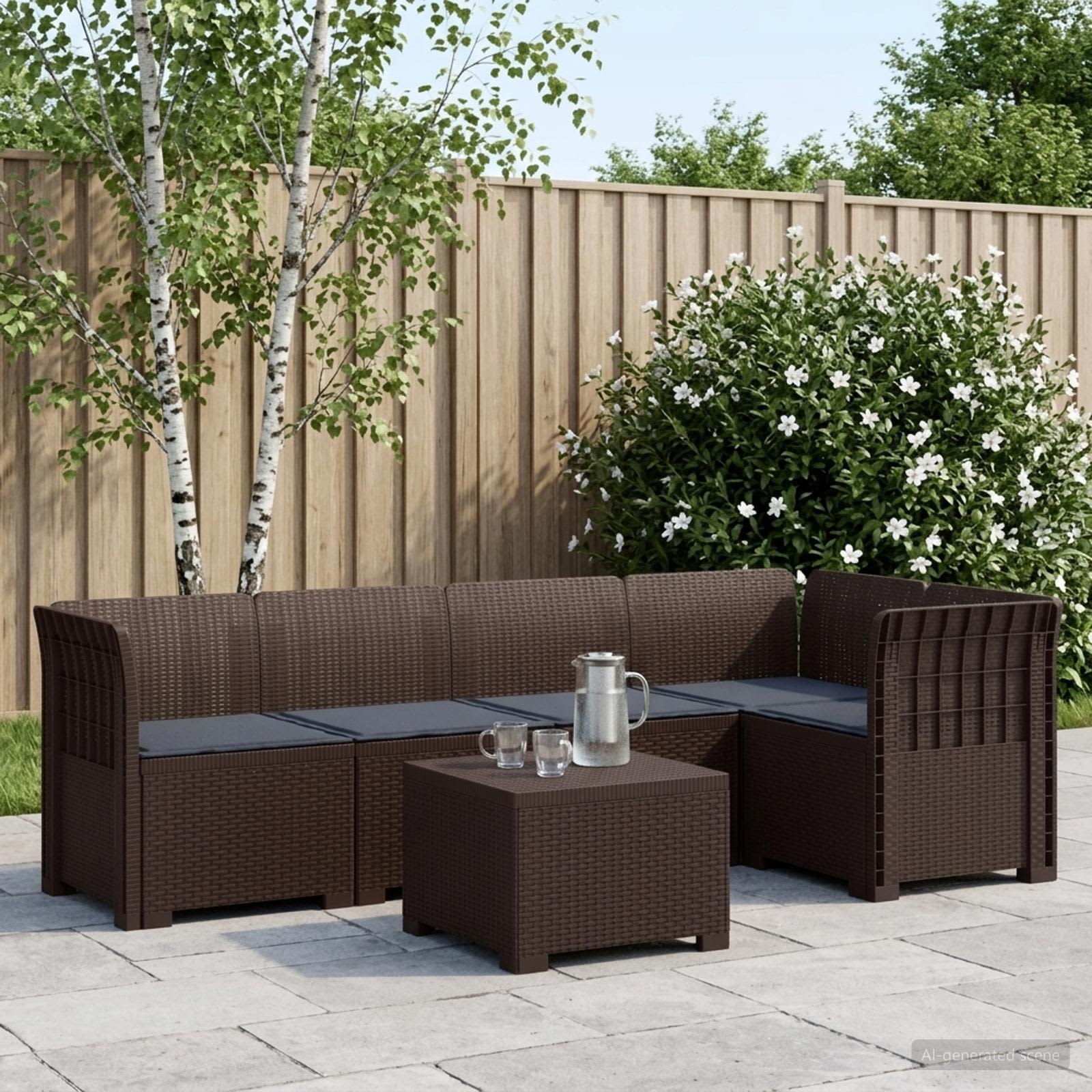 5-Zits Tuin Sofa met Kussens Rattan Look PP Bruin – afbeelding 1