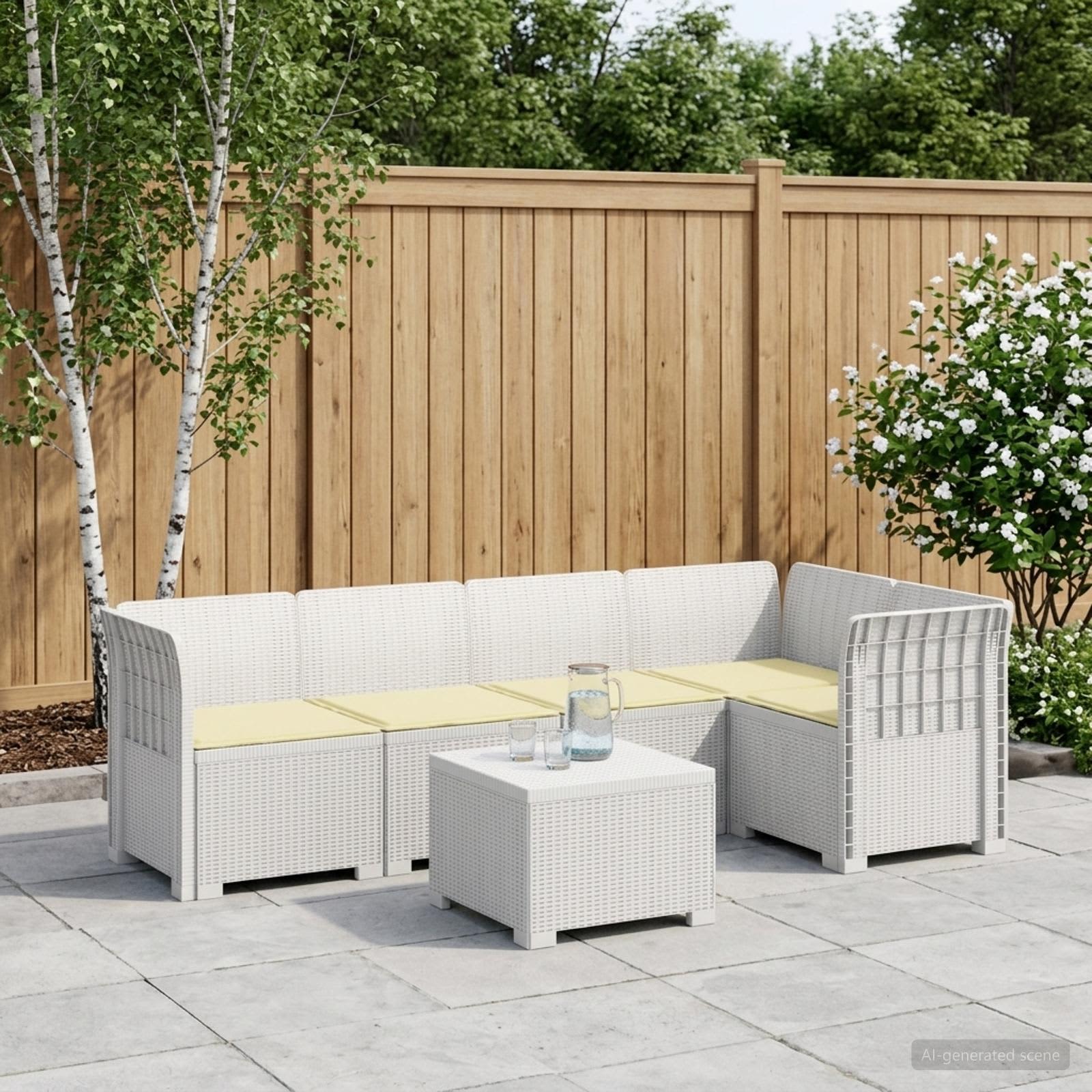 5-Zits Tuin Sofa met Kussens Rattan Look PP Wit