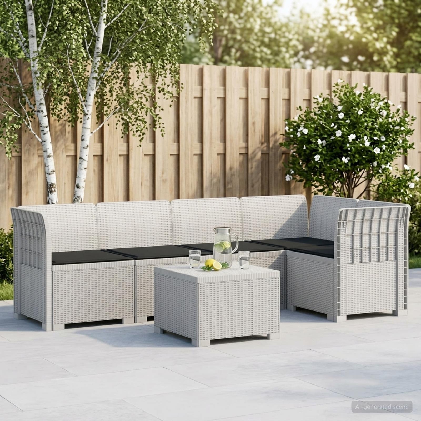 5-Zits Tuin Sofa met Kussens Rattan Look PP Wit – afbeelding 1