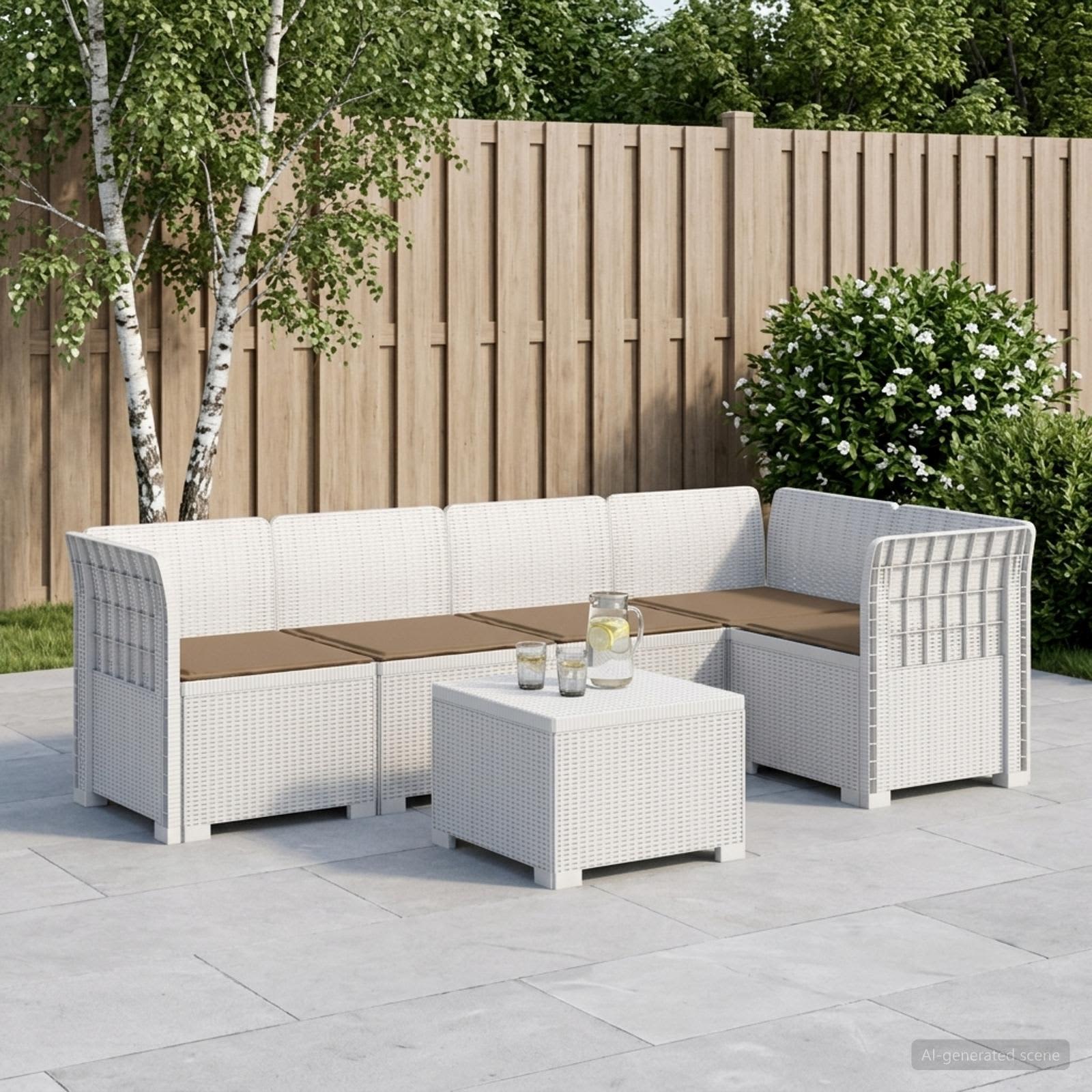5-Zits Tuin Sofa met Kussens Rattan Look PP Wit – afbeelding 1
