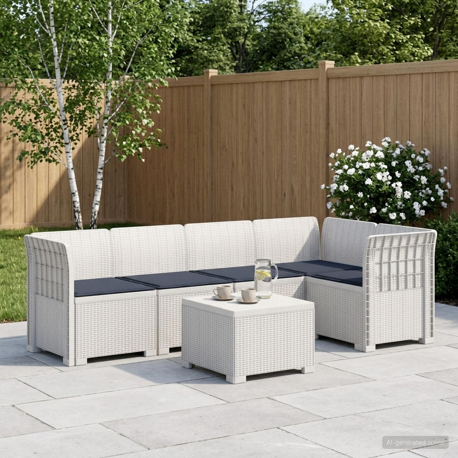 5-Zits Tuin Sofa met Kussens Rattan Look PP Wit – afbeelding 1