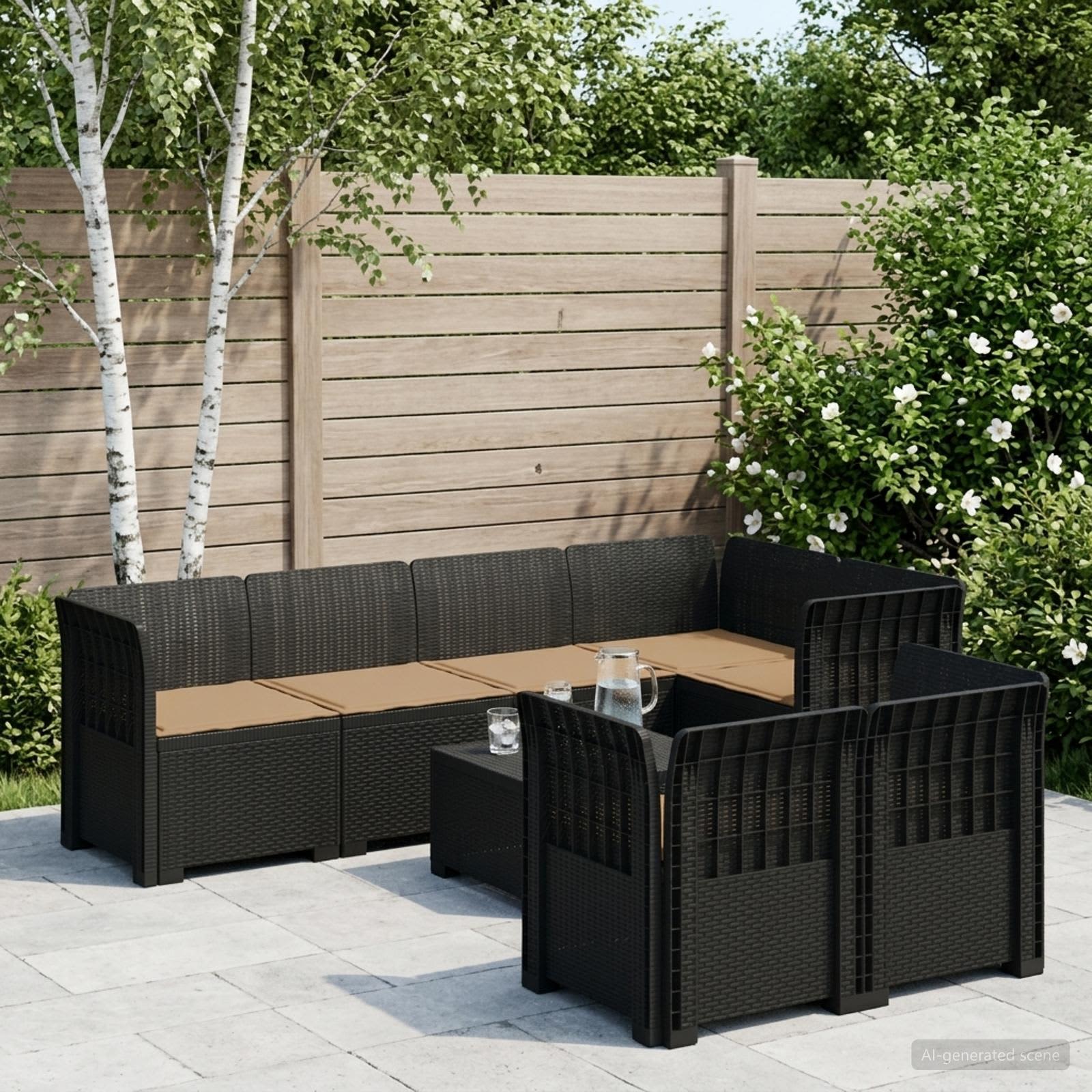 7-Persoons Tuinbank met Kussens Rieten Look PP Antraciet