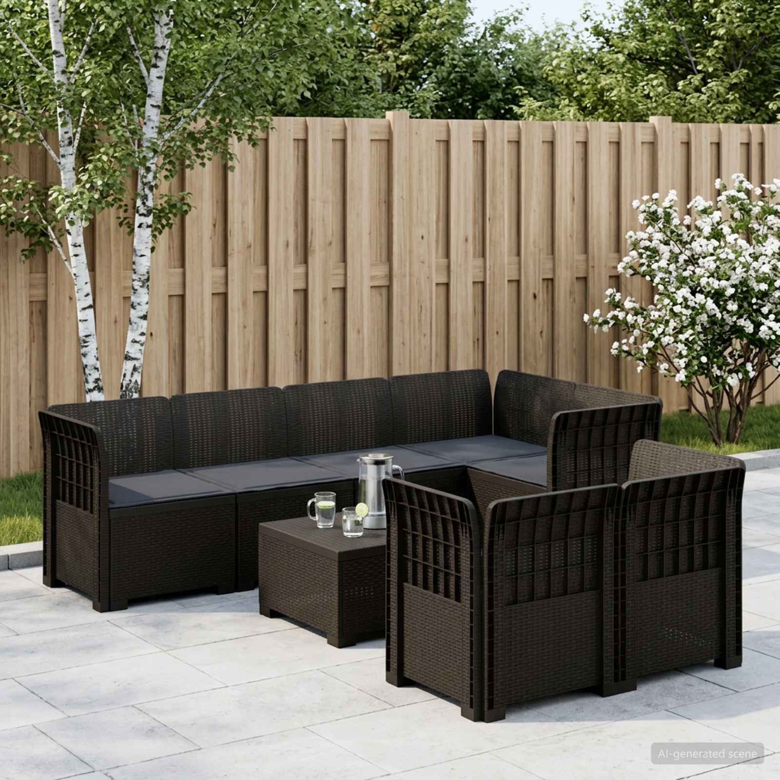 7-Persoons Tuinbank met Kussens Rieten Look PP Antraciet – afbeelding 1